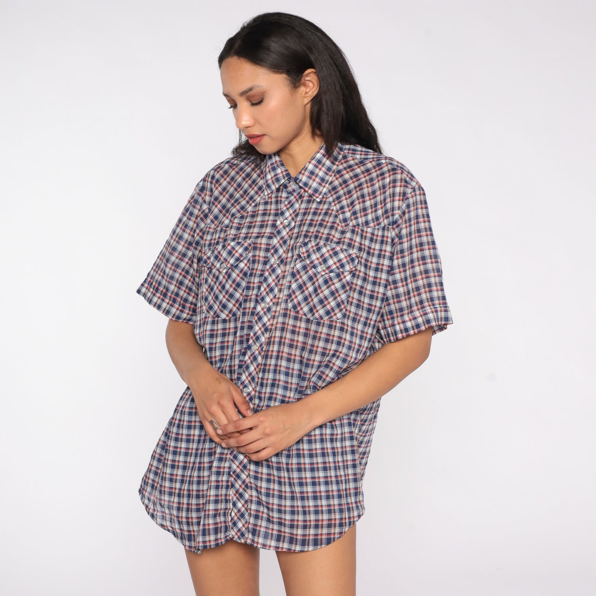 80s Western Pearl Snap Shirt Blue Red Plaid Short Sleeve Extra Large XL