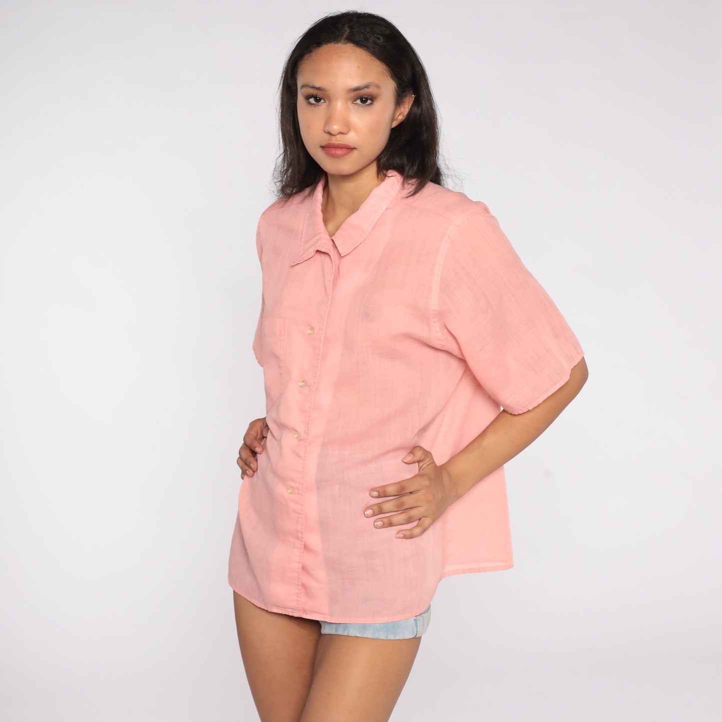 80s Pink Semi-Sheer Button-Up Blouse Short Sleeve Cotton Blend Extra Large