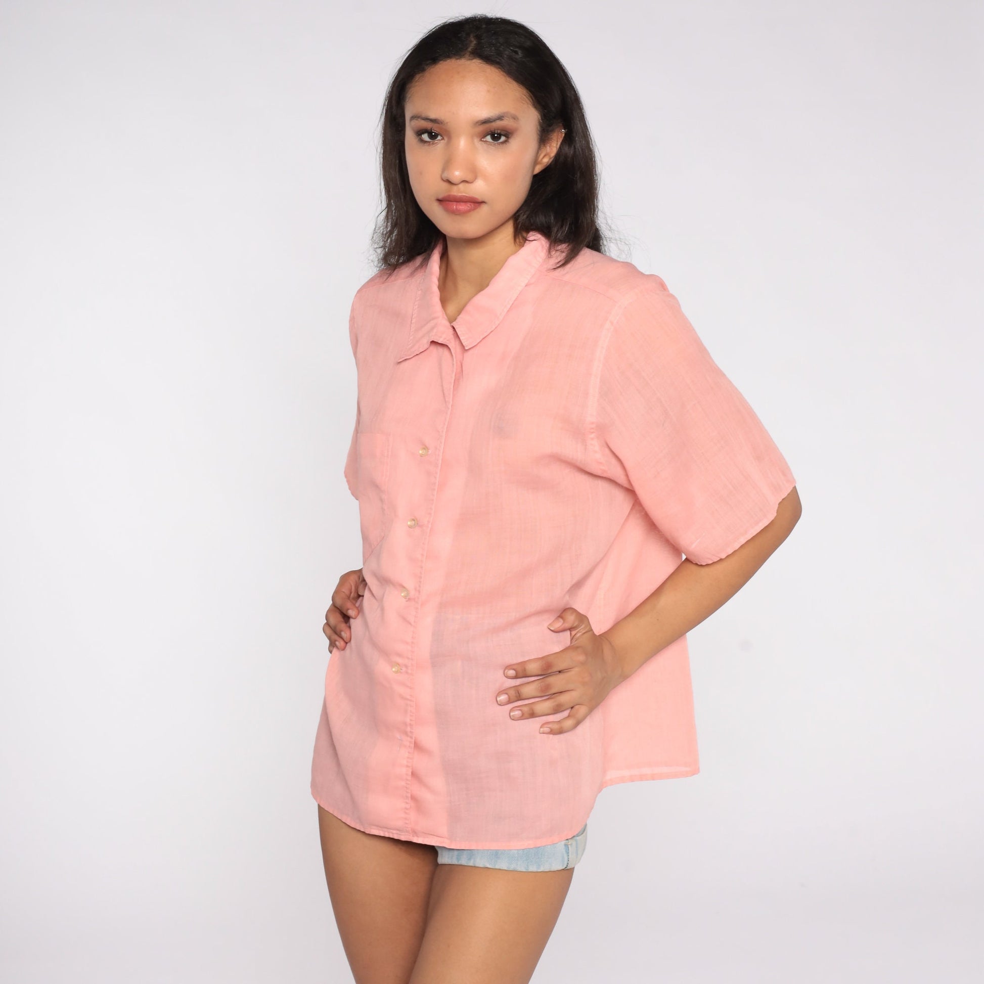80s Pink Semi-Sheer Button-Up Blouse Short Sleeve Cotton Blend Extra Large