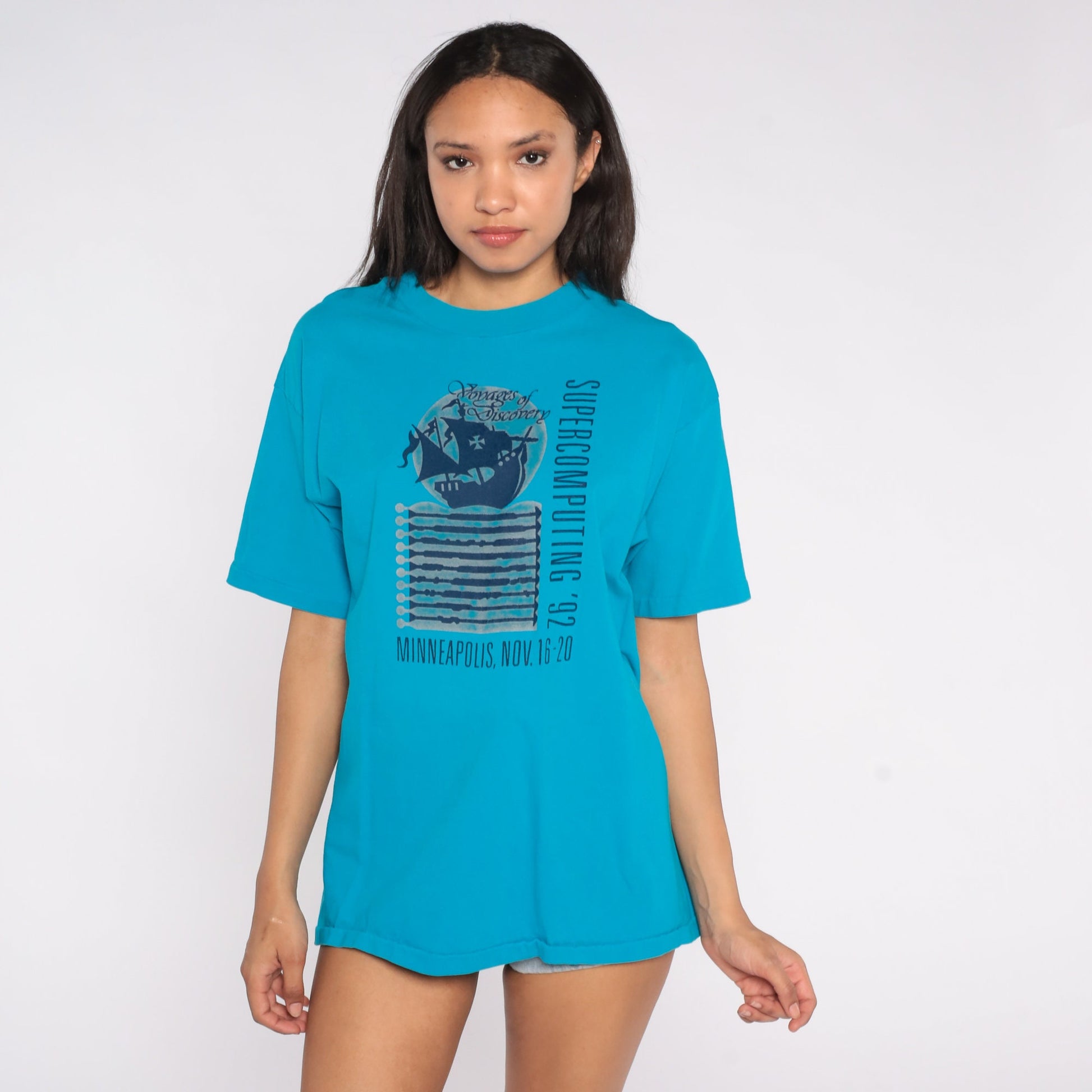 90s Minneapolis Supercomputing 1992 Voyages of Discovery Graphic Tee Blue Medium
