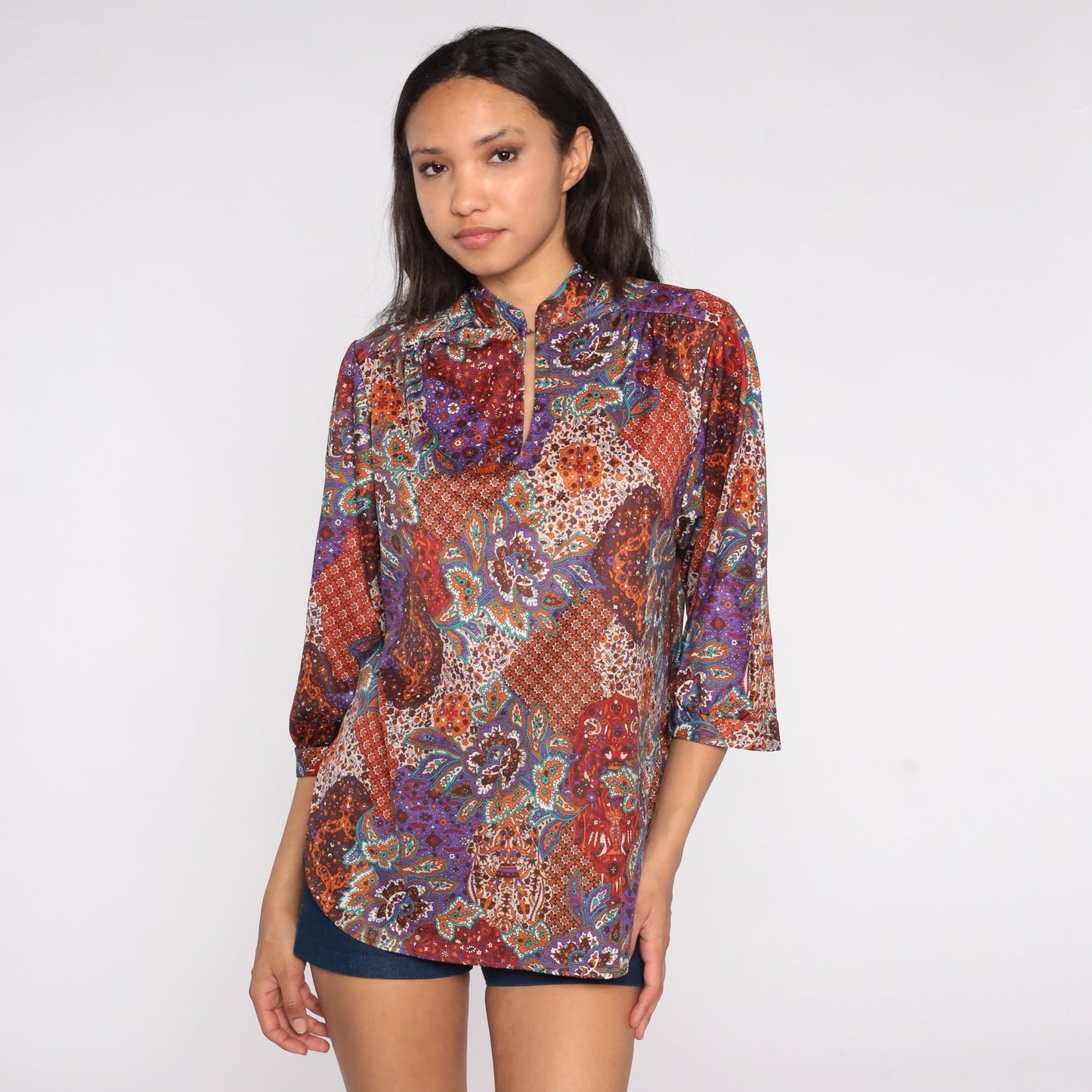 70s Paisley Floral Blouse Keyhole Neck 3/4 Sleeve Patchwork Top Large