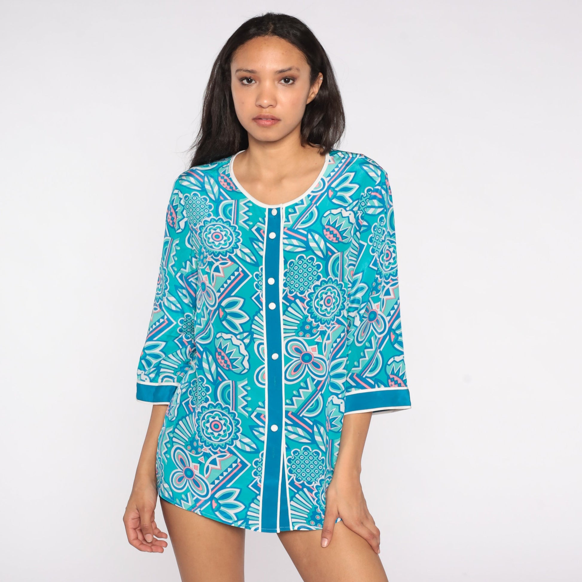 Bob Mackie Silk Floral Blouse 90s Blue Flower Print Button Up 3/4 Sleeve Medium M