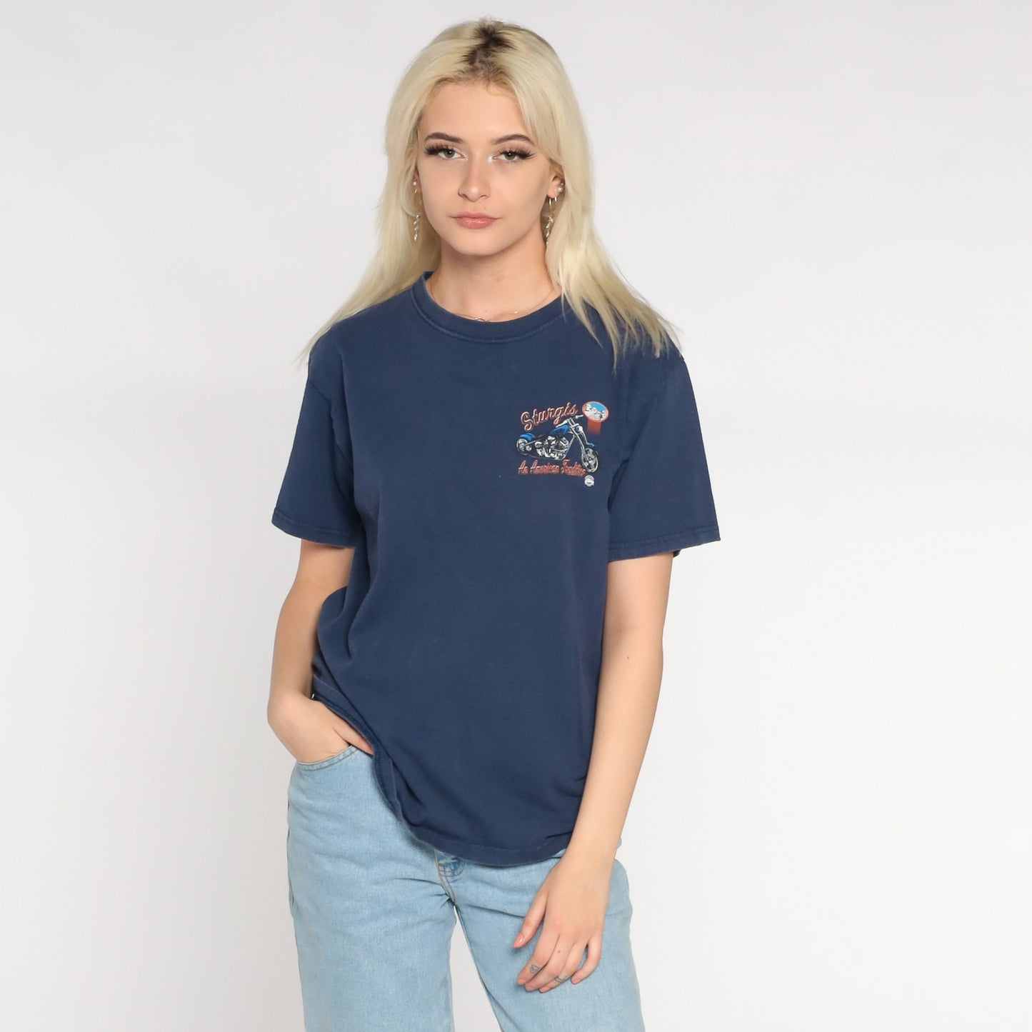 Y2K Sturgis Motorcycle Rally Graphic Tee Blue Cotton Small