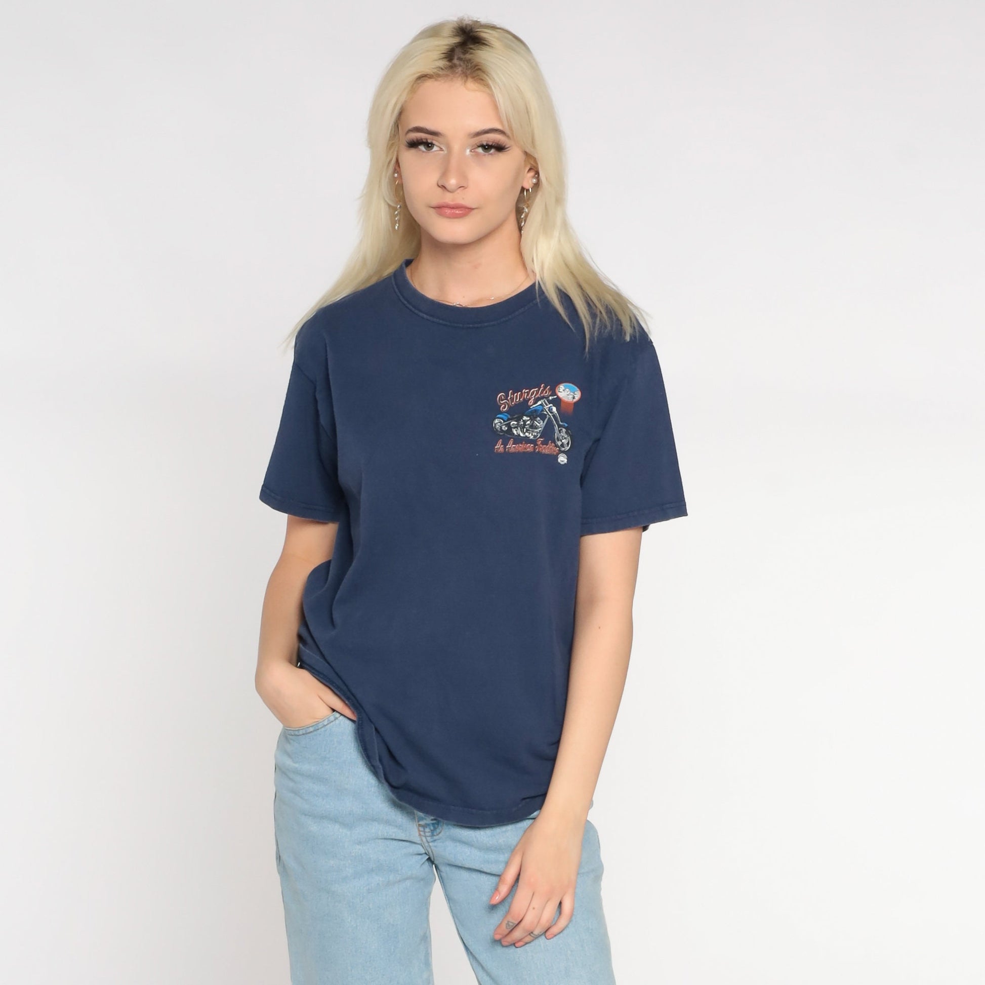 Y2K Sturgis Motorcycle Rally Graphic Tee Blue Cotton Small