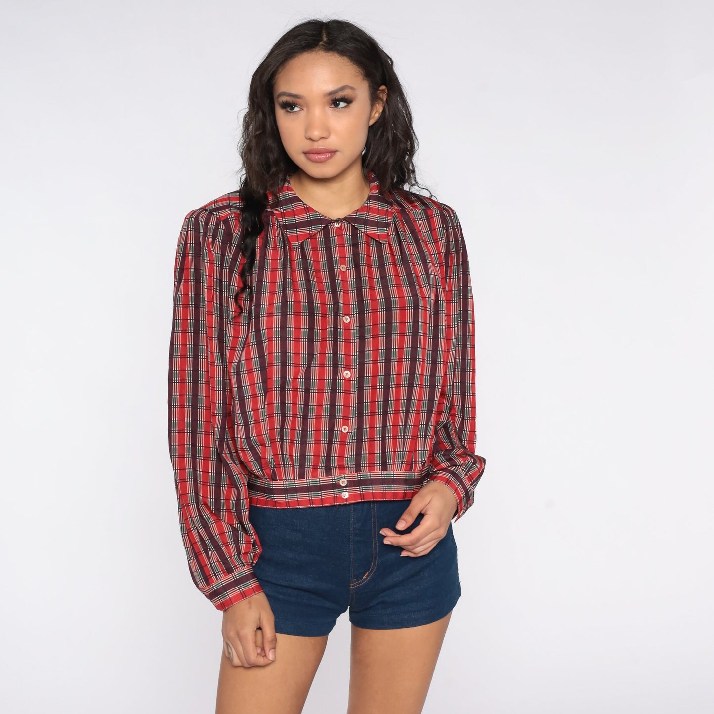 80s Liz Claiborne Plaid Blouse Puff Sleeve Button-Up Red Green Large