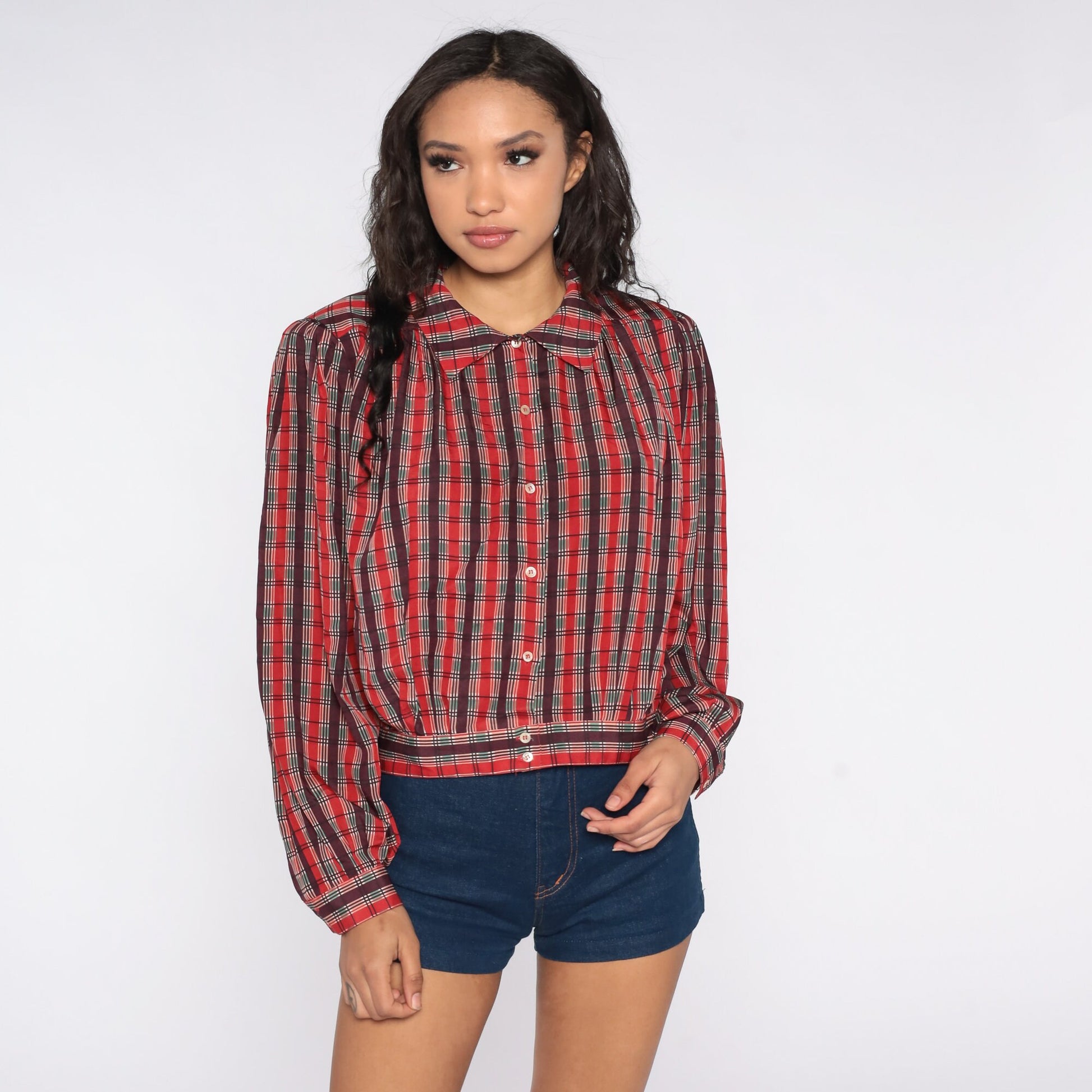 80s Liz Claiborne Plaid Blouse Puff Sleeve Button-Up Red Green Large