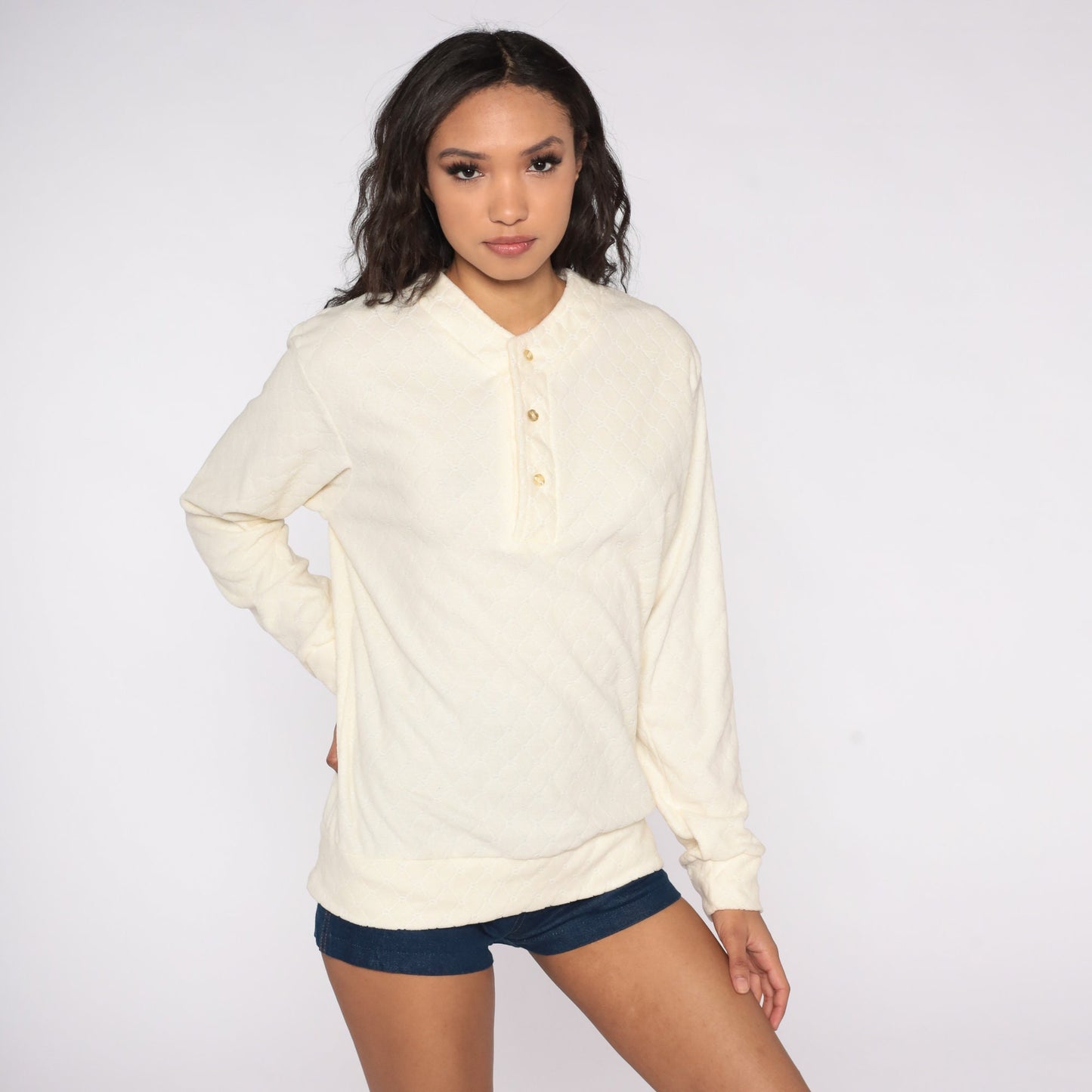 80s Cream Henley Quilted Terry Sweatshirt Long Sleeve Pullover Medium