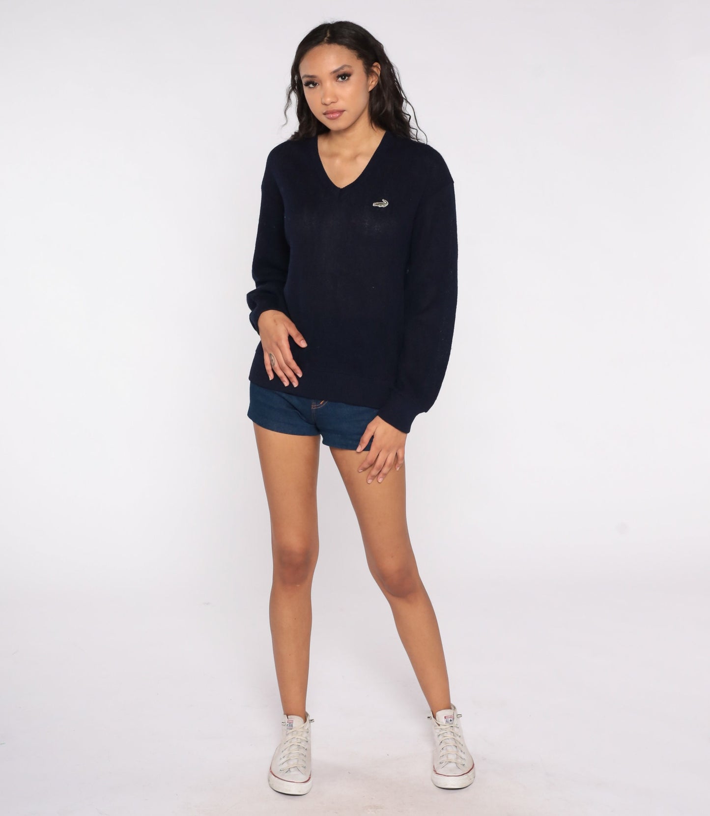 80s Navy Crocodile V-Neck Knit Sweater Slouchy Large L