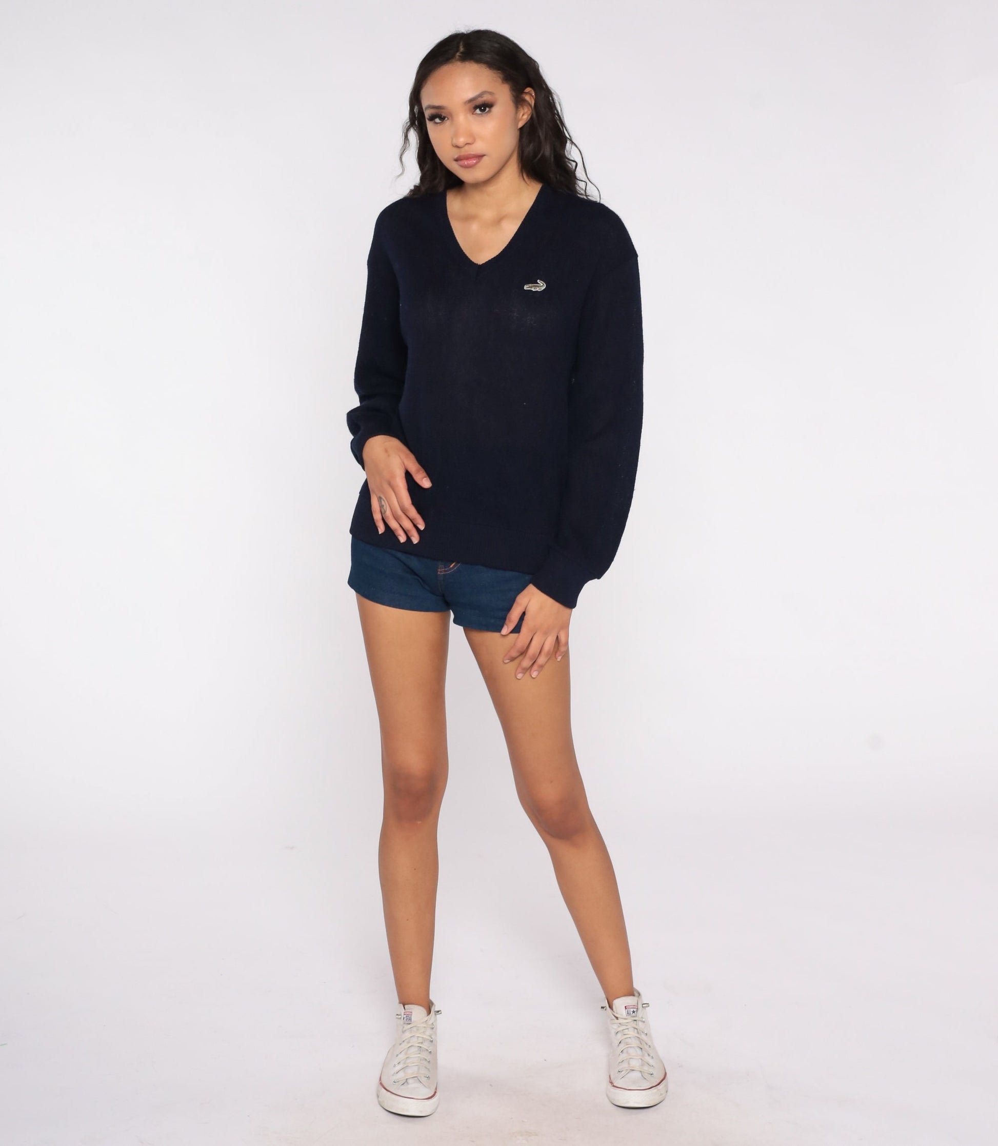 80s Navy Crocodile V-Neck Knit Sweater Slouchy Large L