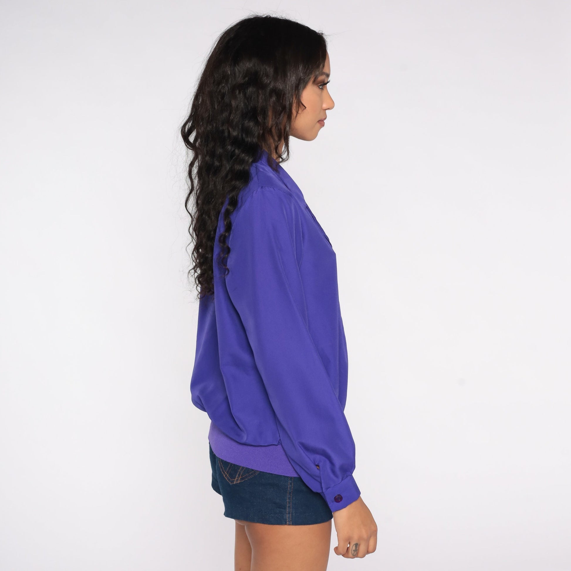 80s Purple Button-Up Blouse Long Sleeve Collared Shirt Medium