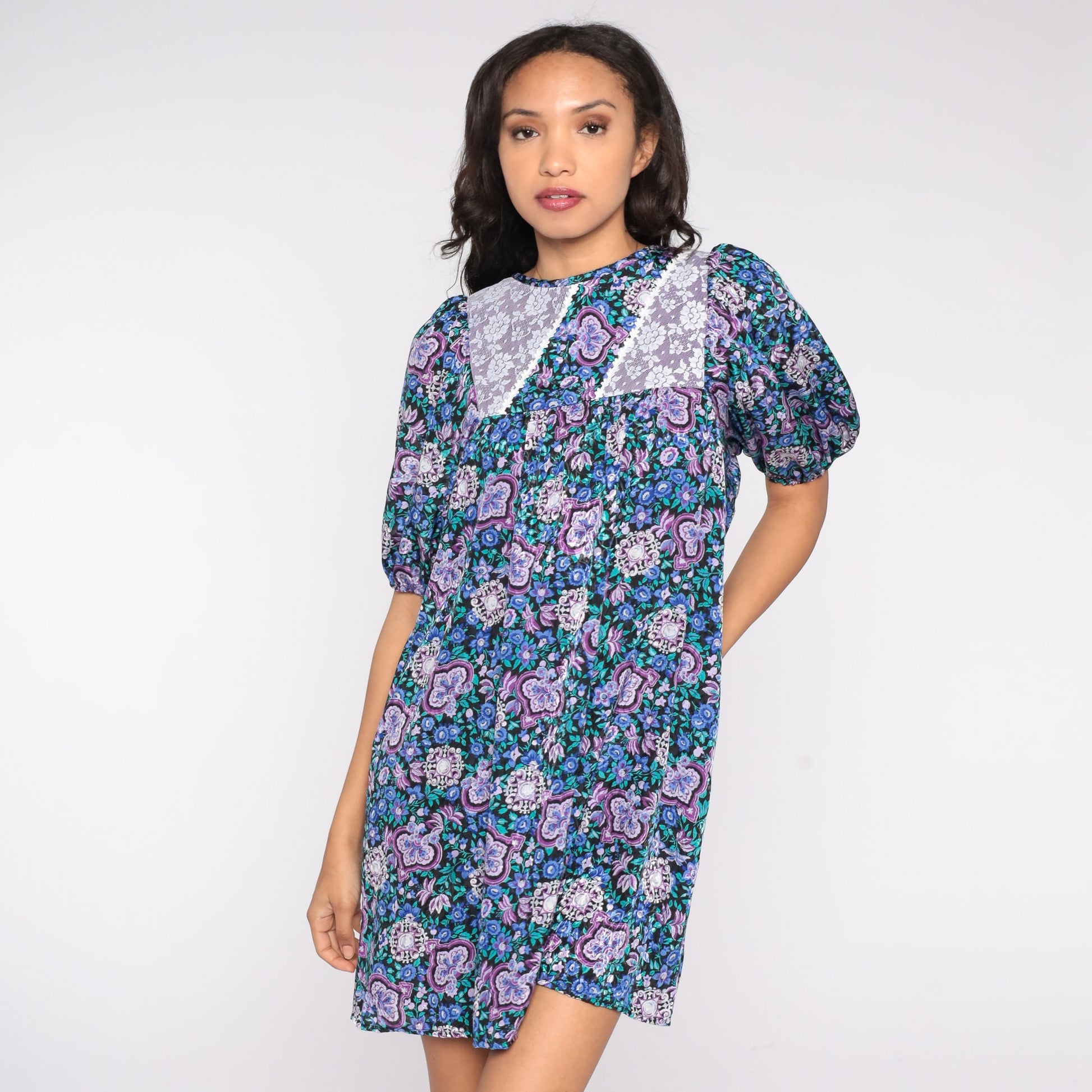 80s Blue Floral Babydoll Mini Dress Lace Bib Balloon Sleeve Small