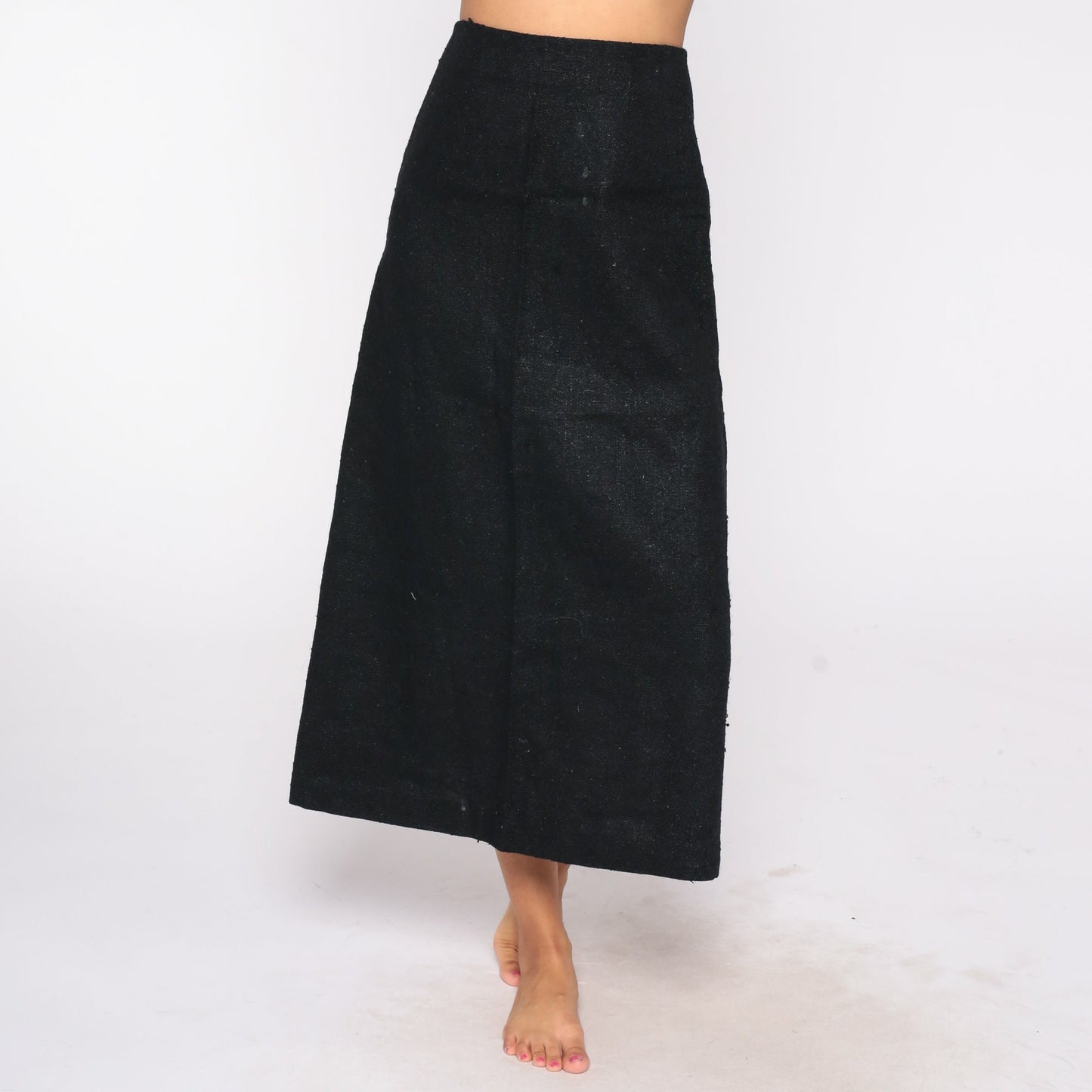 60s Black Tweed Maxi Skirt High Waist Back Zip Small