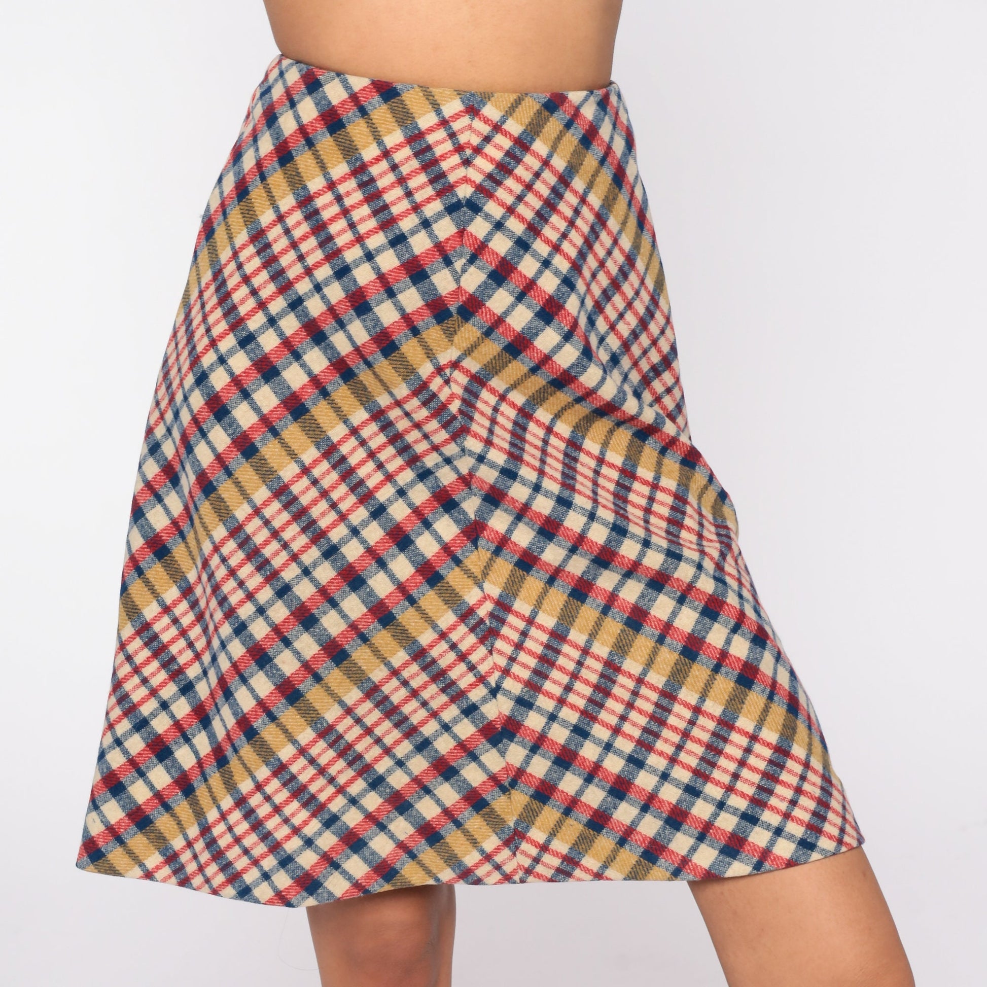 60s Madras Plaid Wool Skirt High Waist Flared Preppy Extra Small XS