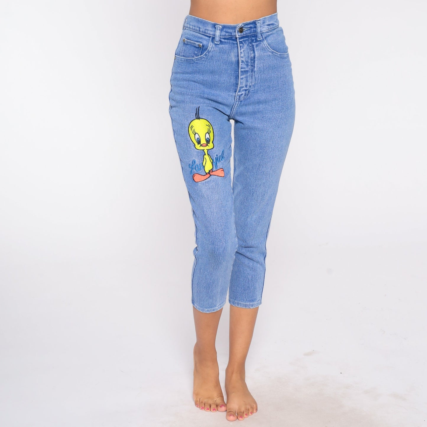 90s Tweety Bird Warner Bros Embroidered High Waisted Tapered Denim Jeans Extra Small XS
