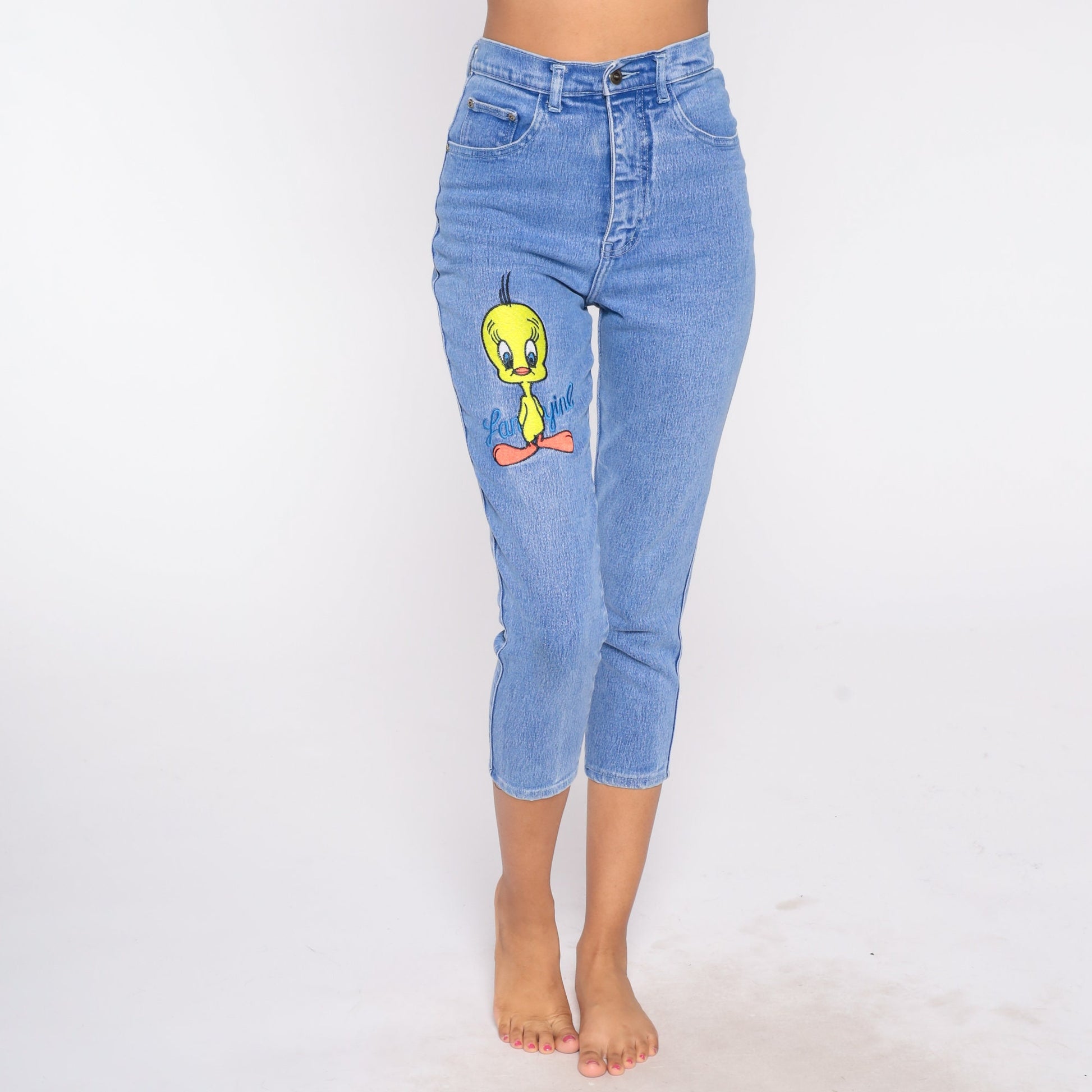 90s Tweety Bird Warner Bros Embroidered High Waisted Tapered Denim Jeans Extra Small XS