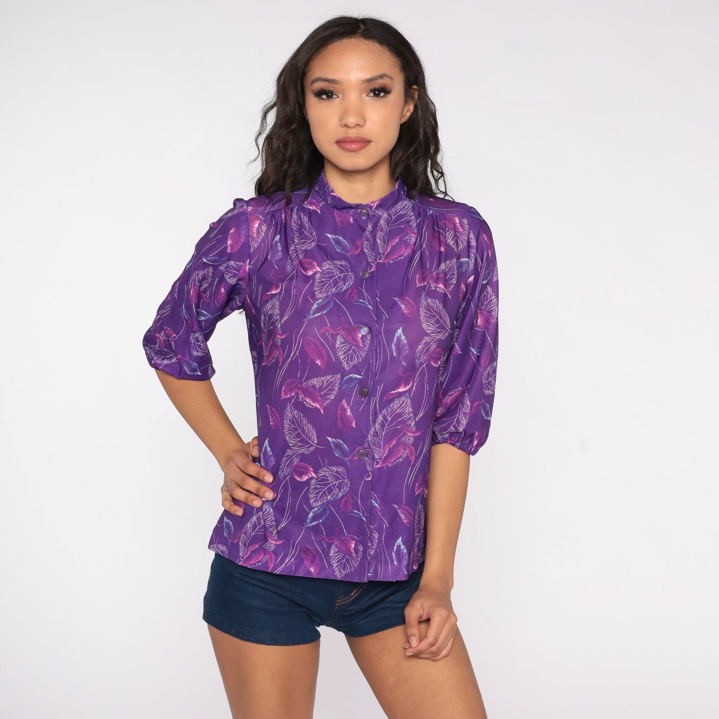 70s Purple Leaf Print Button-Up Blouse Mandarin Collar 3/4 Sleeve Small