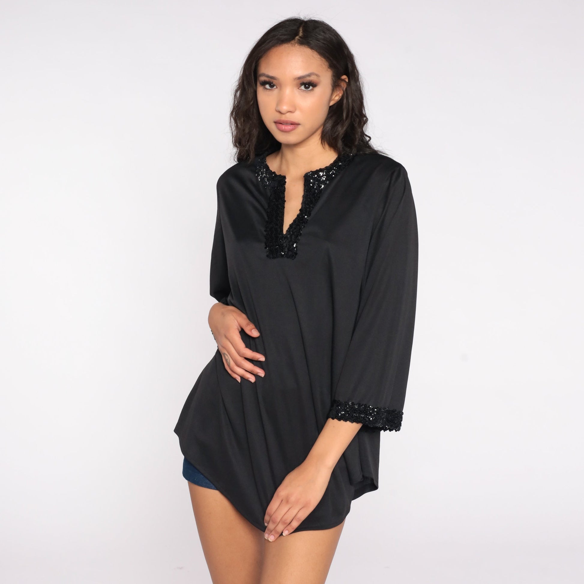 70s Black Sequin Blouse V-Neck Slit Long Sleeve Disco Party Top Medium Large