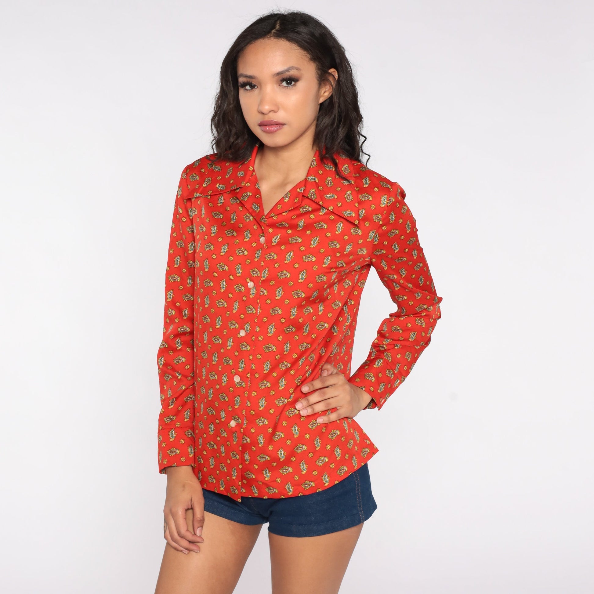 70s Paisley Print Dagger Collar Blouse Red-Orange Long Sleeve Medium