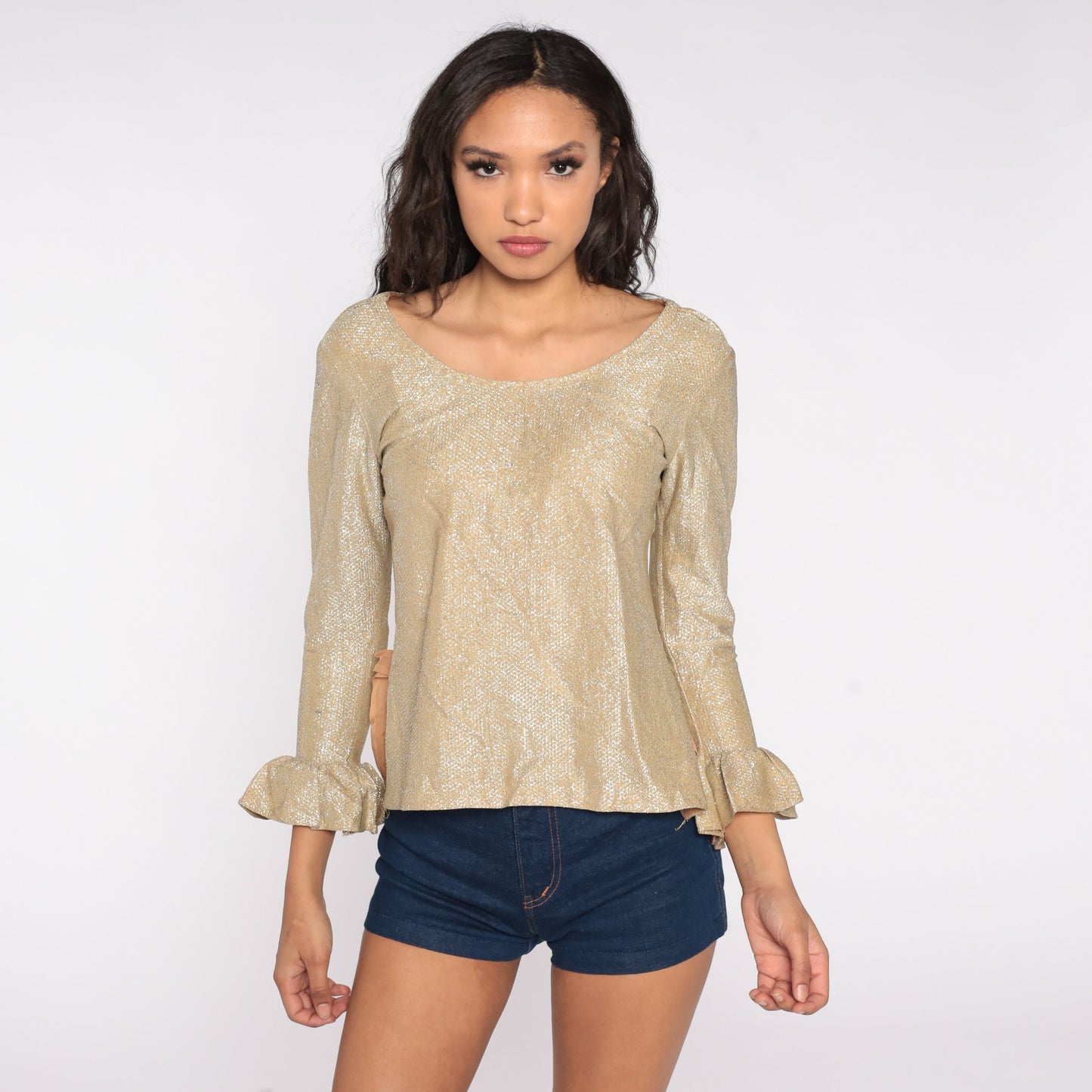 60s Metallic Gold Silver Blouse Bell Sleeve Party Top Extra Small