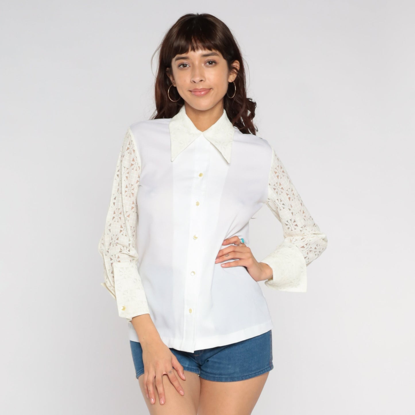 70s White Lace Blouse Floral Cutout Dagger Collar Button-Up Small