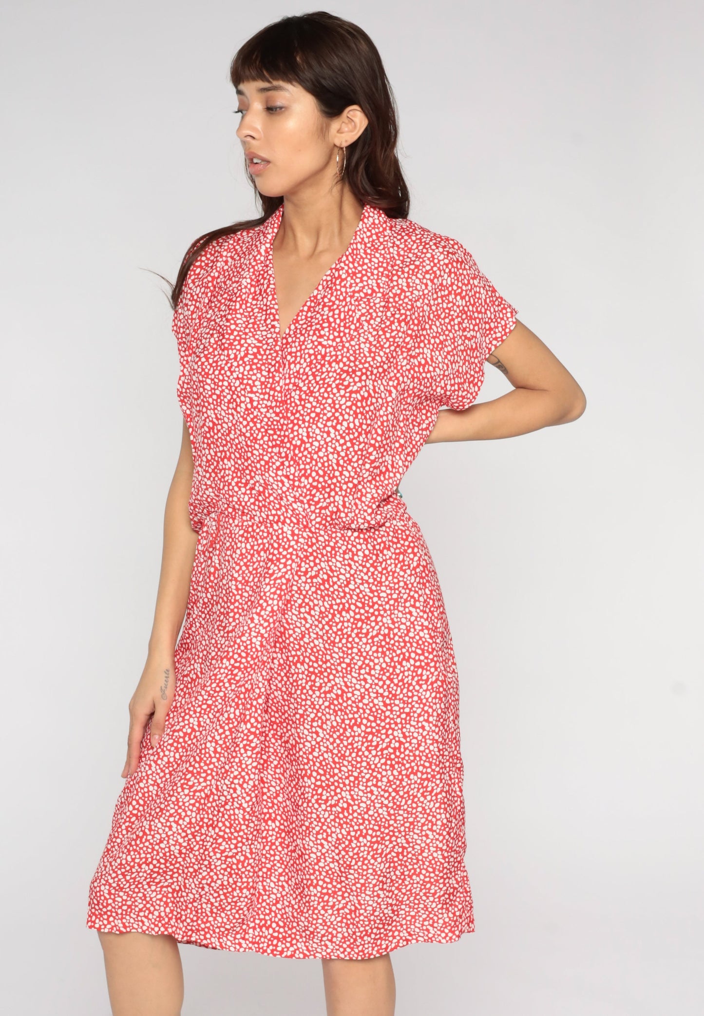 80s All That Jazz Midi Wrap Dress Red Pebble Print Pockets V-Neck Large 14