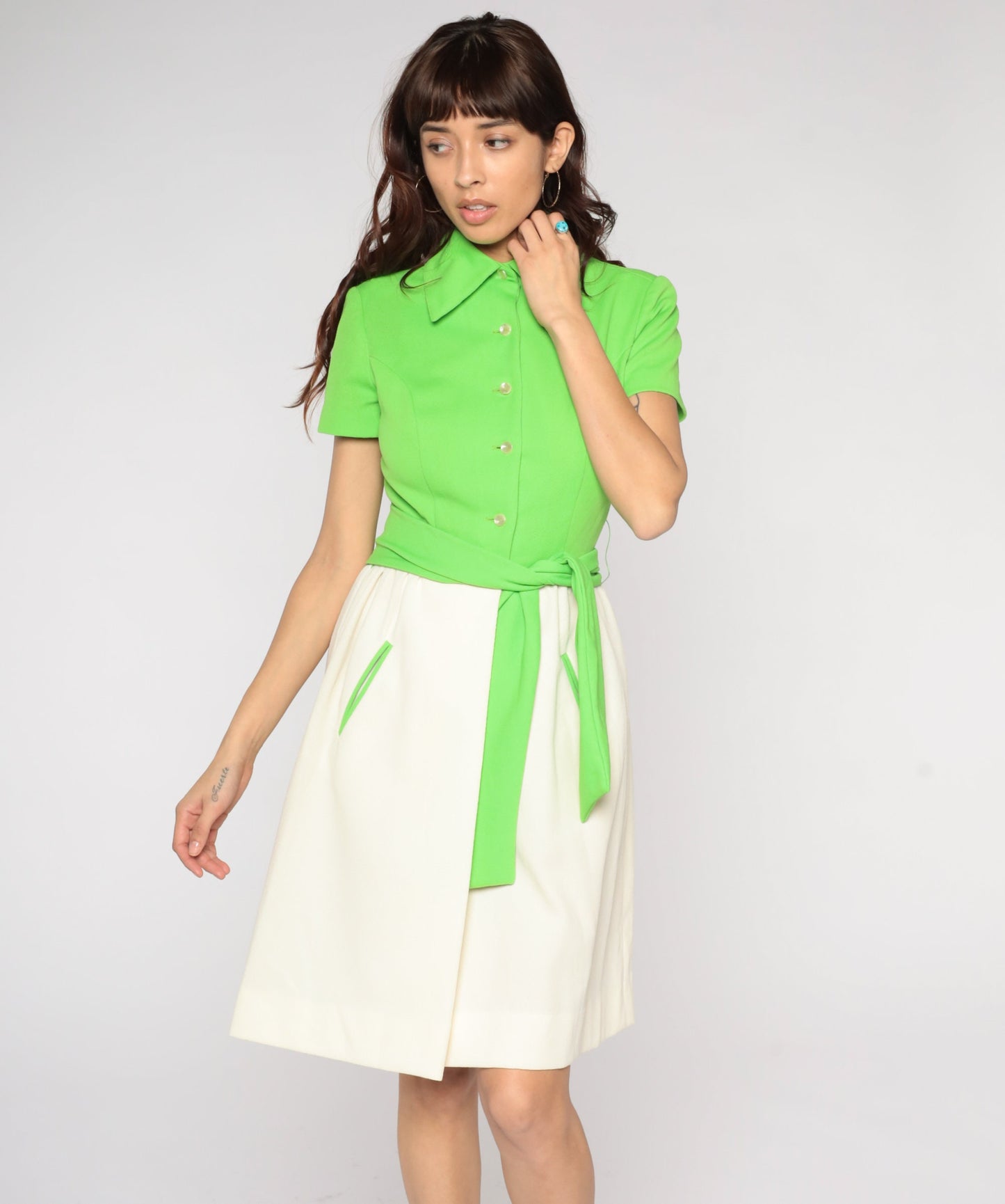 1970s Fred Rothschild Lime Green Mini Dress Pointed Collar Pockets Small