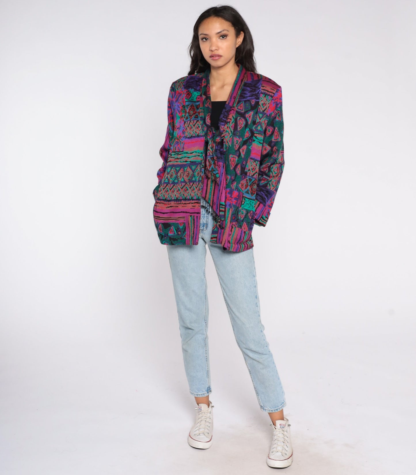 90s Woven Blazer Jacket Abstract Tapestry Tie Front Beaded Large L