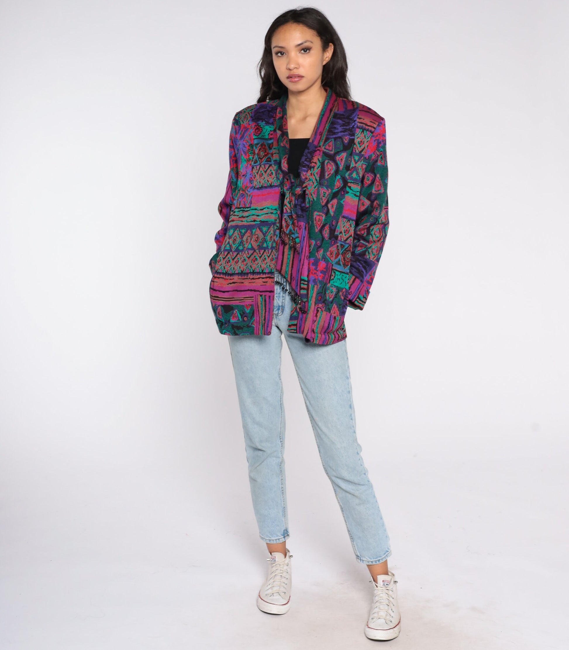 90s Woven Blazer Jacket Abstract Tapestry Tie Front Beaded Large L