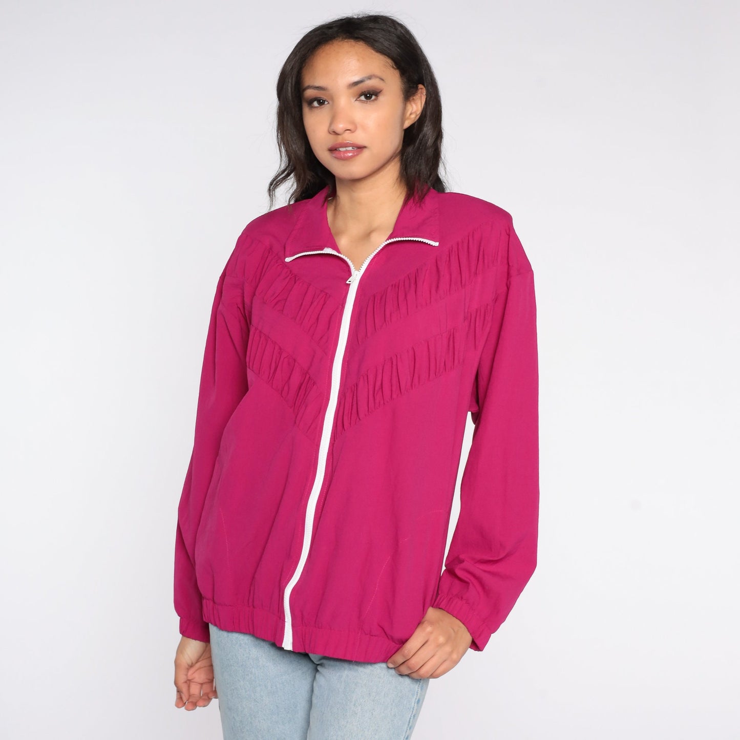 90s Fuchsia Zip Windbreaker Jacket Ruched Medium M