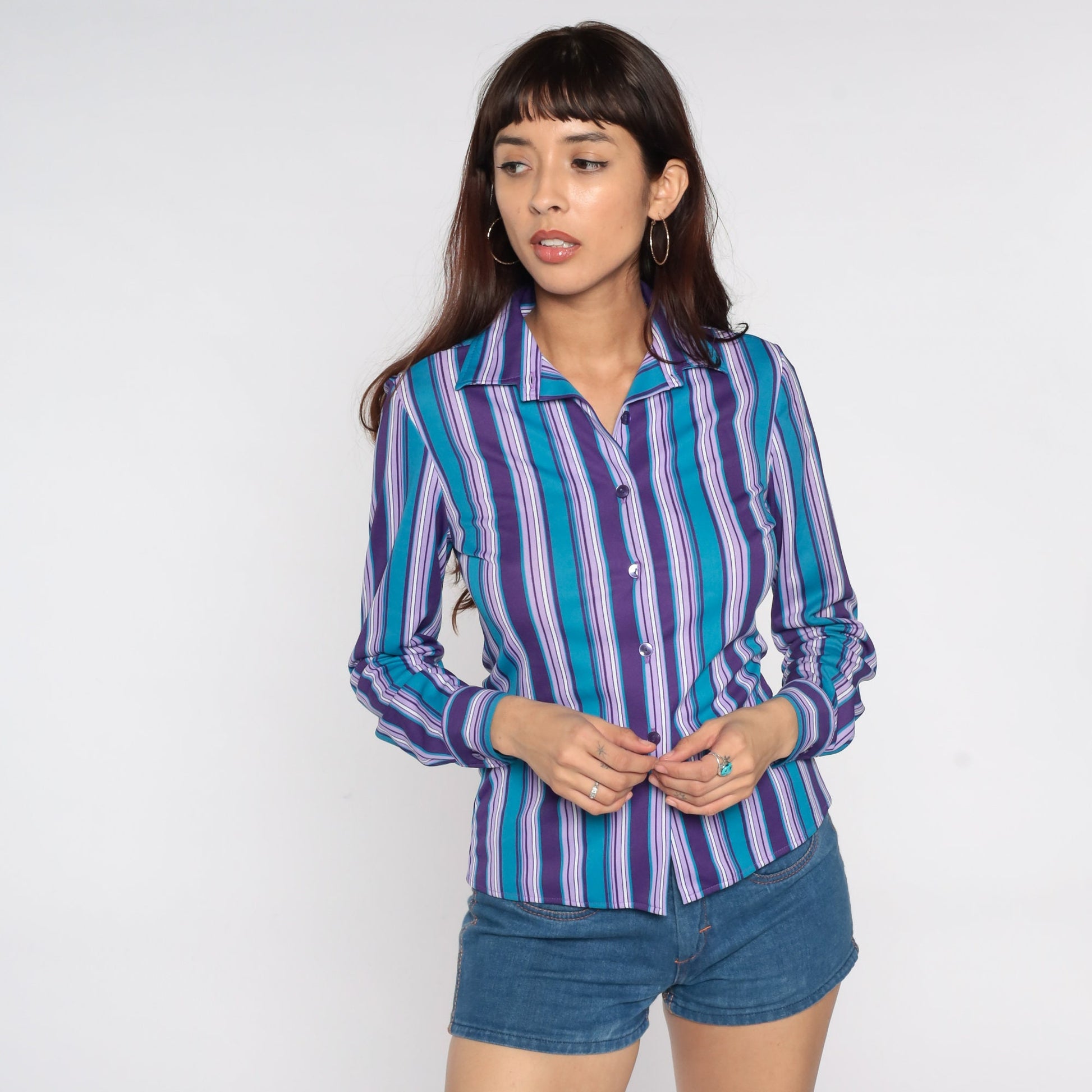 80s Striped Button-Up Blouse Purple Blue Long Sleeve Collared Shirt Small