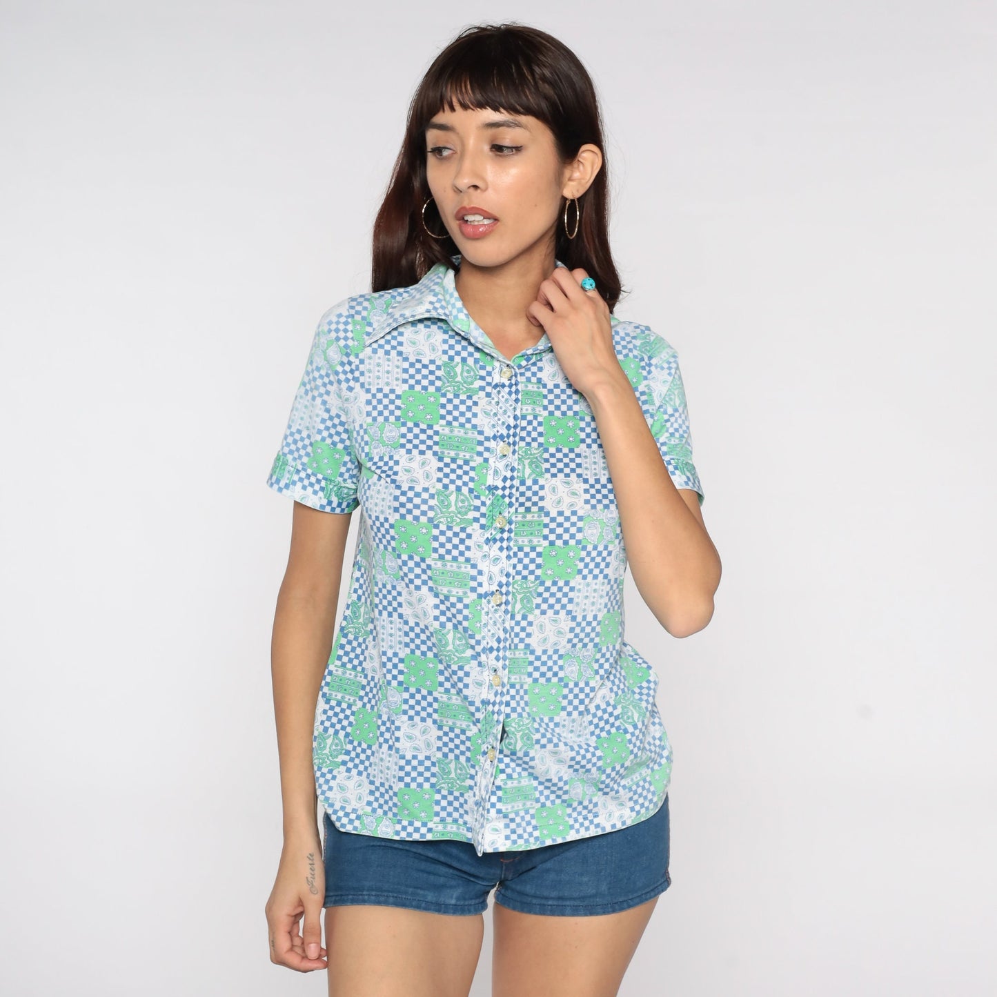 70s Checkered Paisley Floral Button Up Shirt Dagger Collar Blue Small
