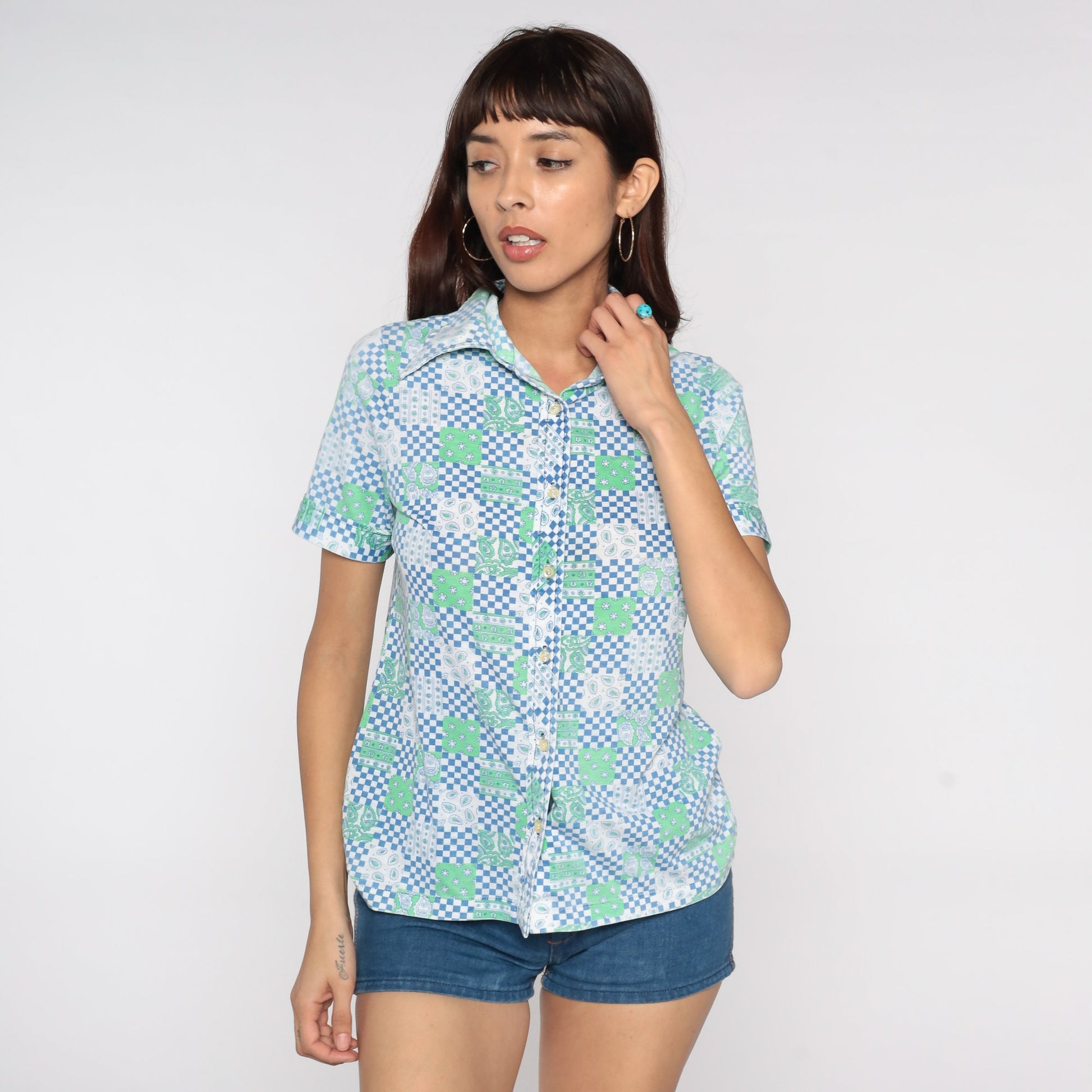 70s Checkered Paisley Floral Button Up Shirt Dagger Collar Blue Small