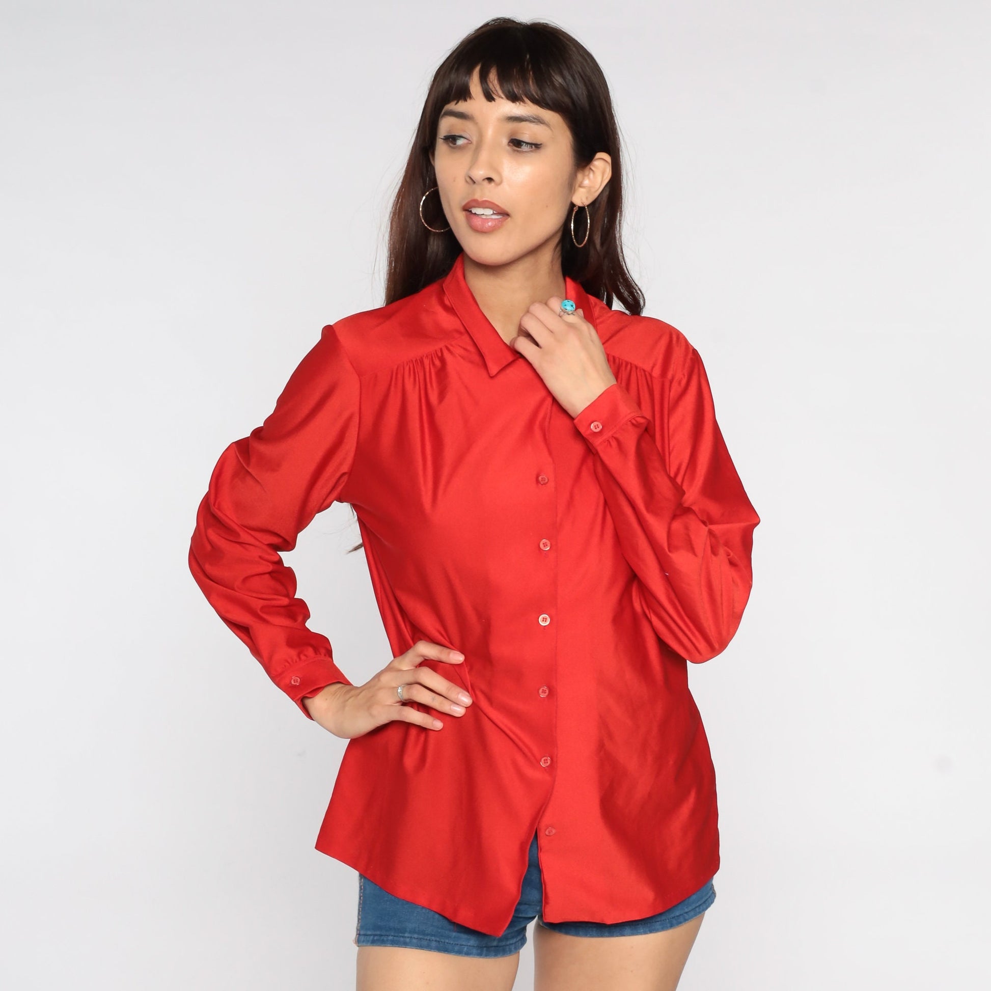 80s Red Shiny Button-Up Blouse Long Sleeve Collared Shirt Medium Large