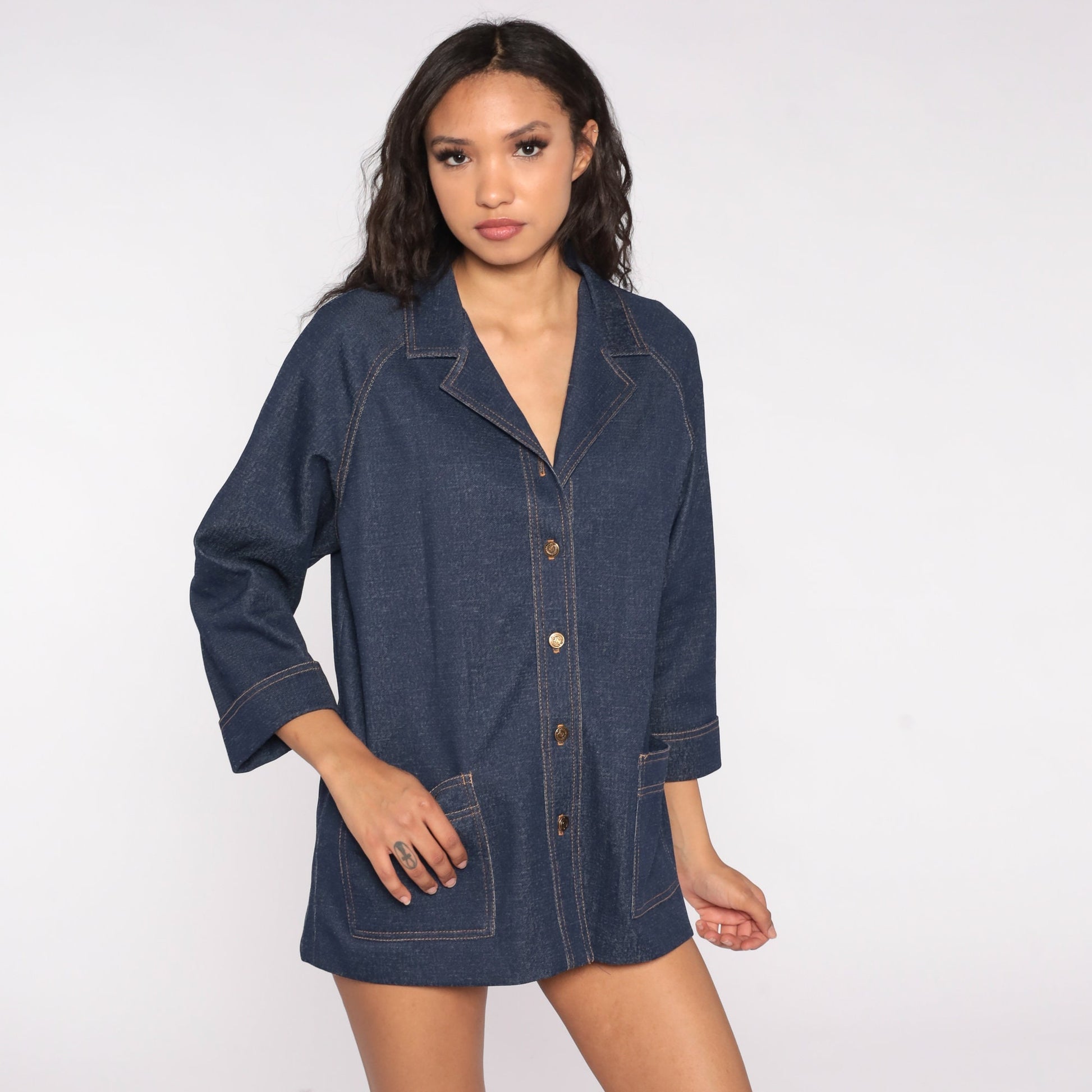 70s Dark Blue Denim-Look Jacket Button Up Raglan Sleeve Medium Large