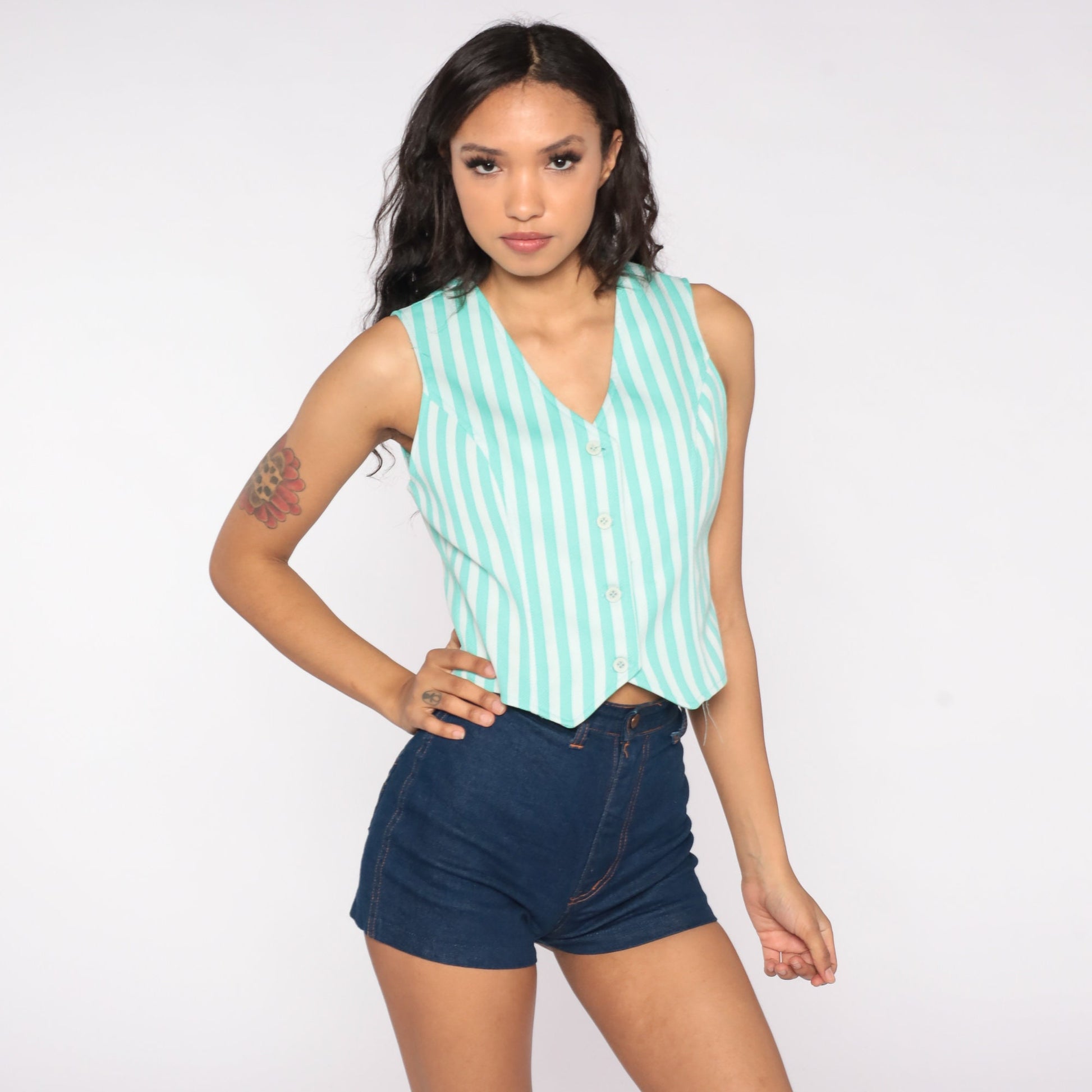 70s Green Striped Vest Button-Up Tank Small