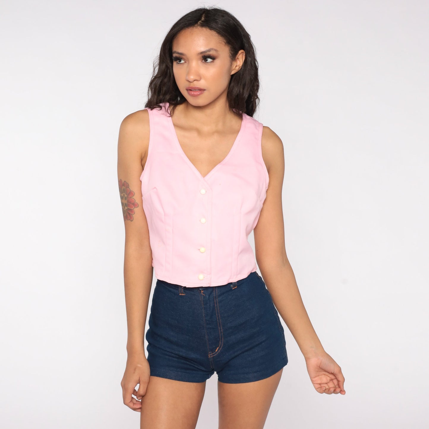 70s Baby Pink Button-Up Tank Top Sleeveless Blouse Small Medium