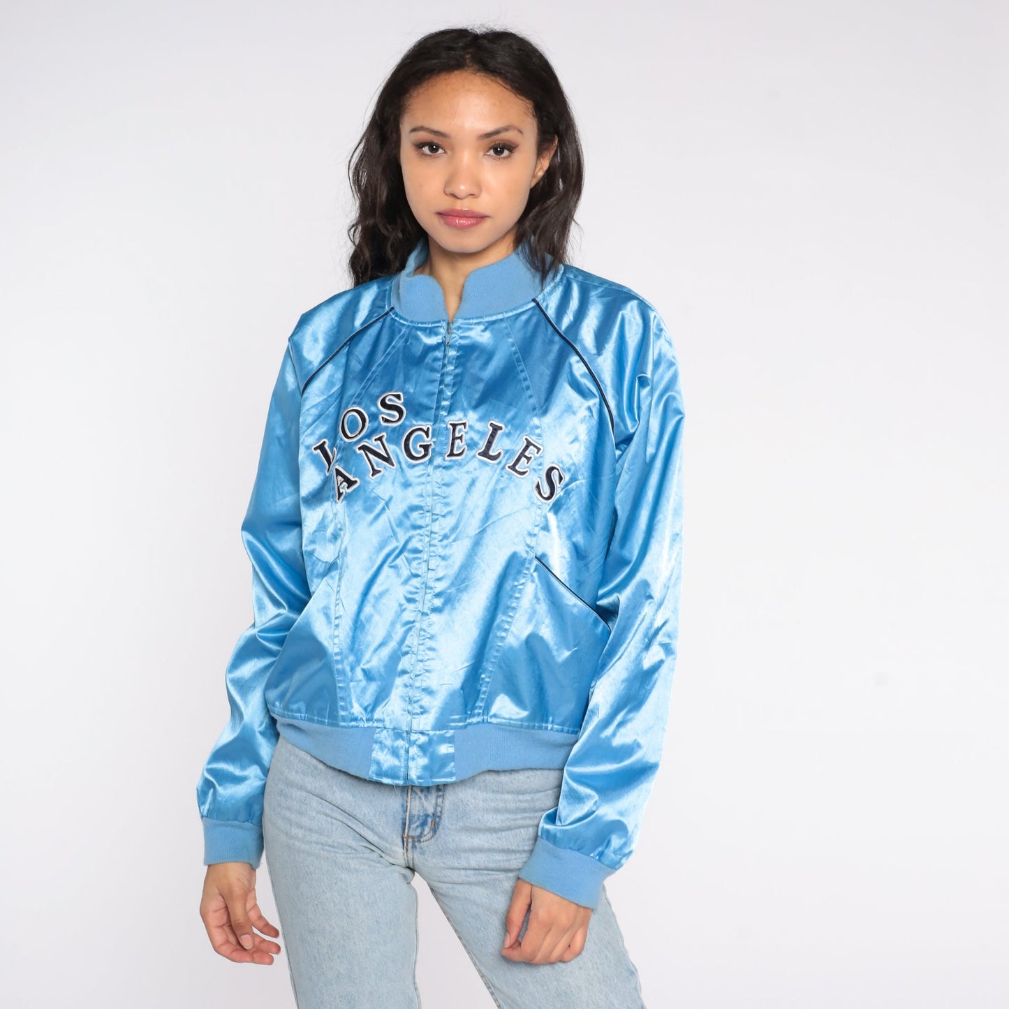 Y2K Los Angeles Baby Blue Satin Bomber Jacket Zip-Up Small S
