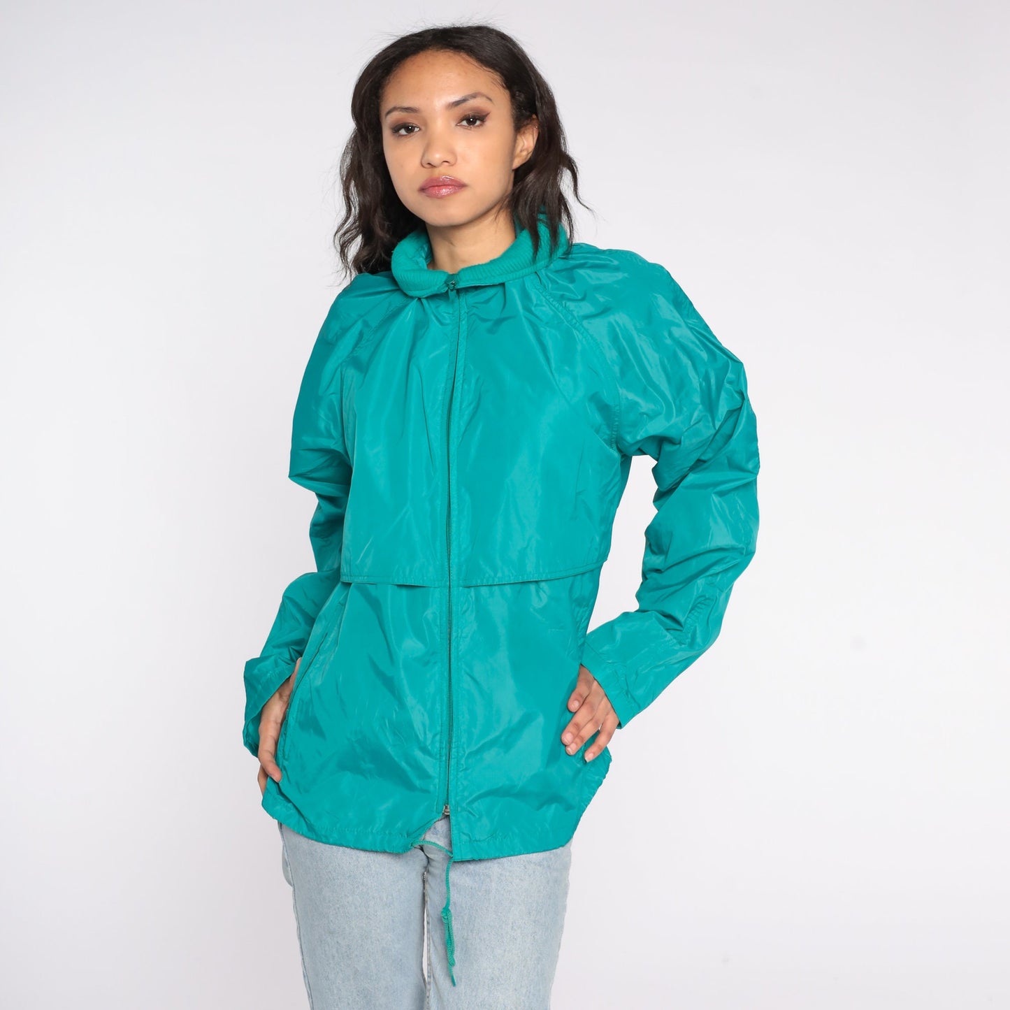 Eddie Bauer 90s Teal Windbreaker Jacket Nylon Zip-Up Men's Large