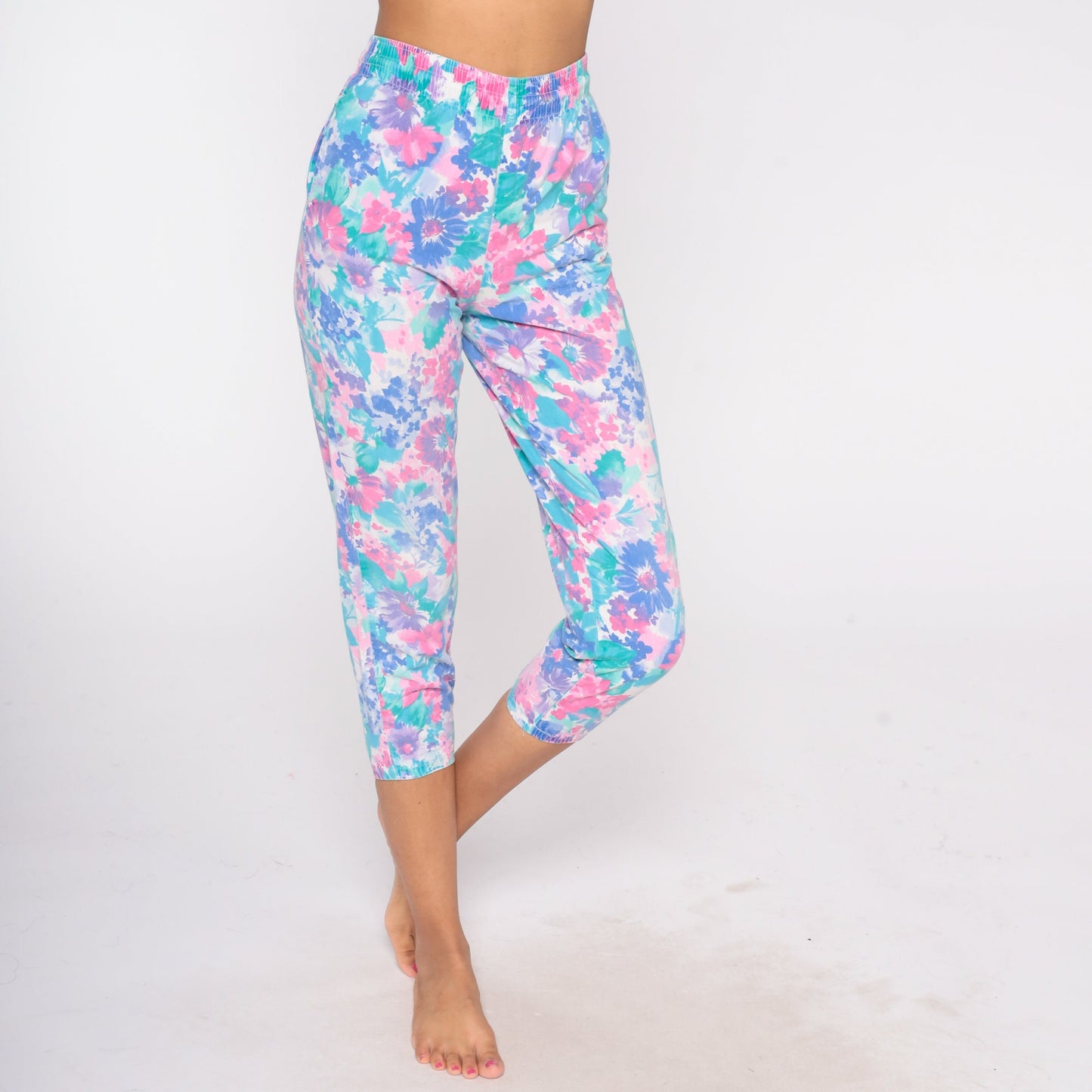 90s Floral Cropped Pants High Waist Elastic Cotton Lounge Capris Extra Small