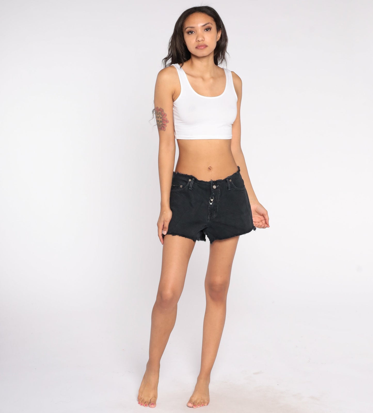 Y2K LEI Black Denim Cutoff Shorts Flower Bead Mid Rise Medium M