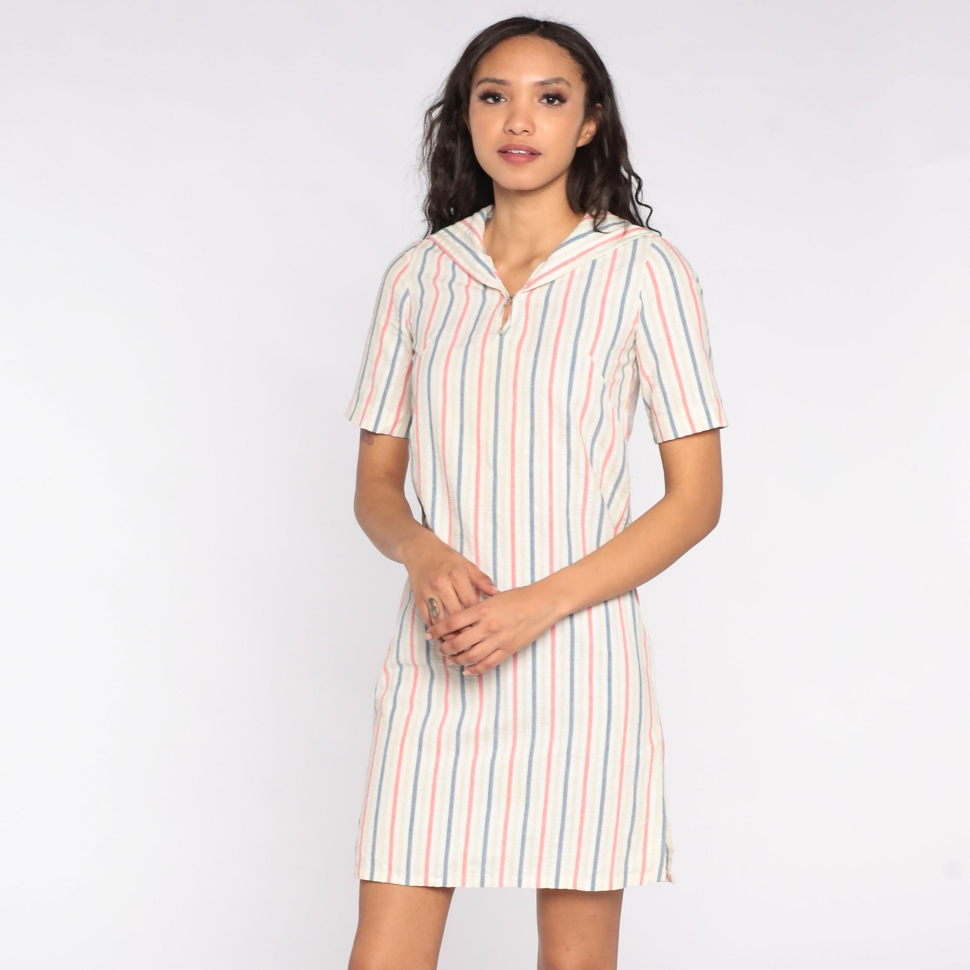 70s Striped Sailor Collar Mini Dress Short Sleeve Shift Nautical Extra Small XS