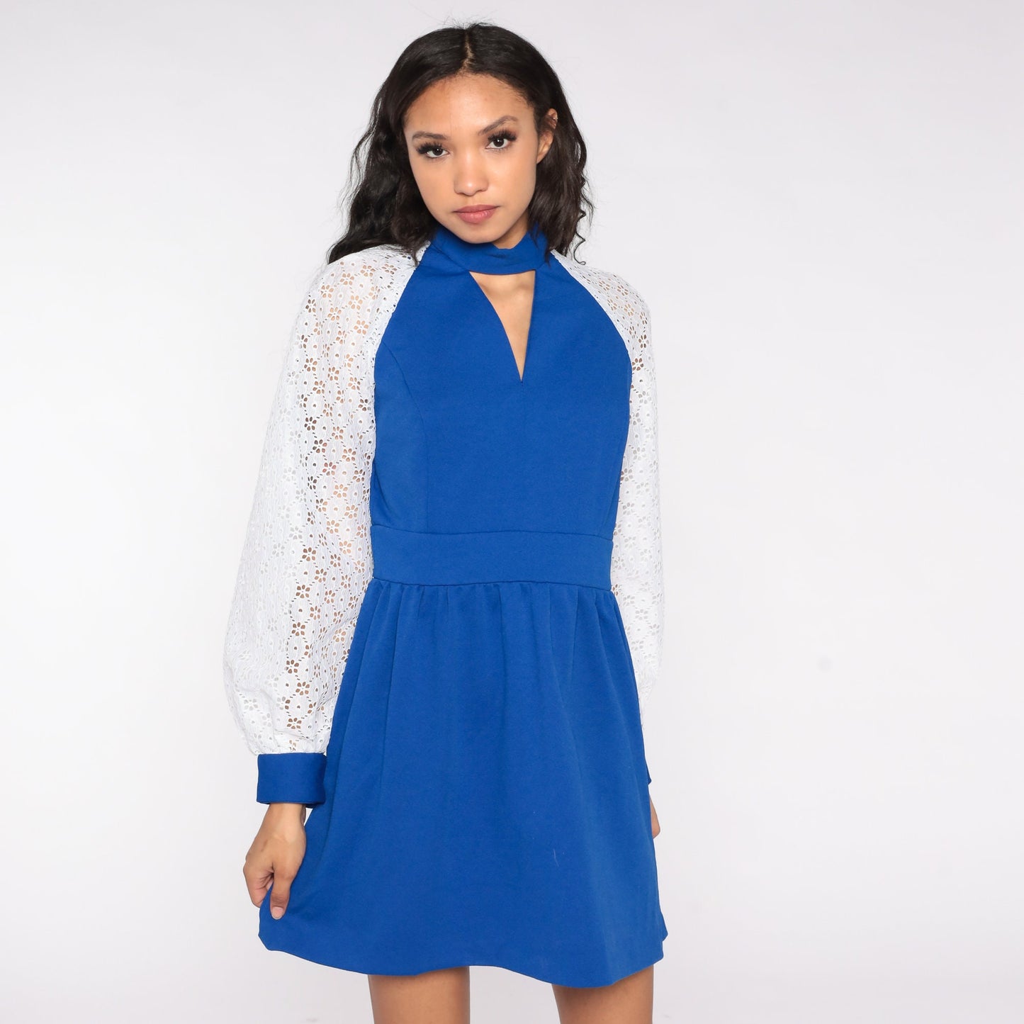 70s Blue Mini Dress Choker Collar Puff Sleeve High Waist Lace Floral Small