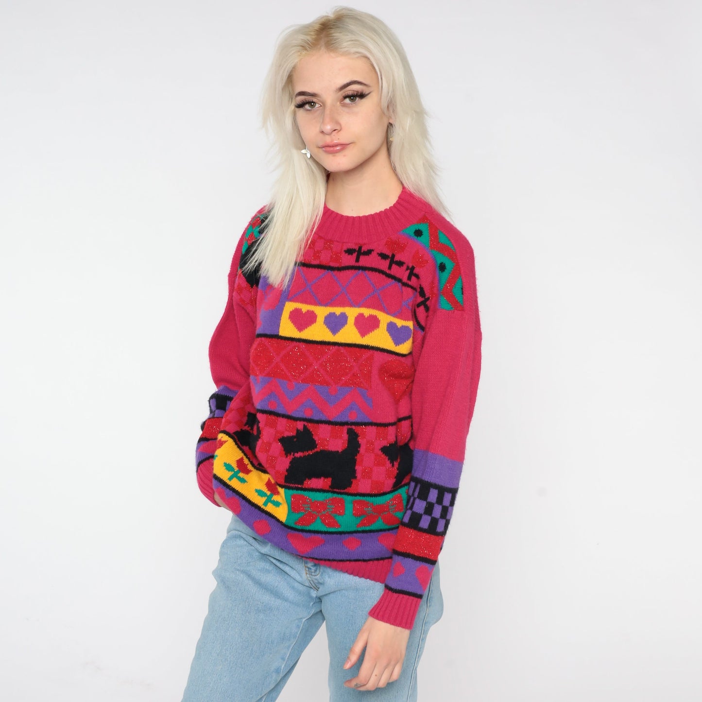 80s Scottie Dog Knit Sweater Pink Geometric Hearts Flowers Bows Medium
