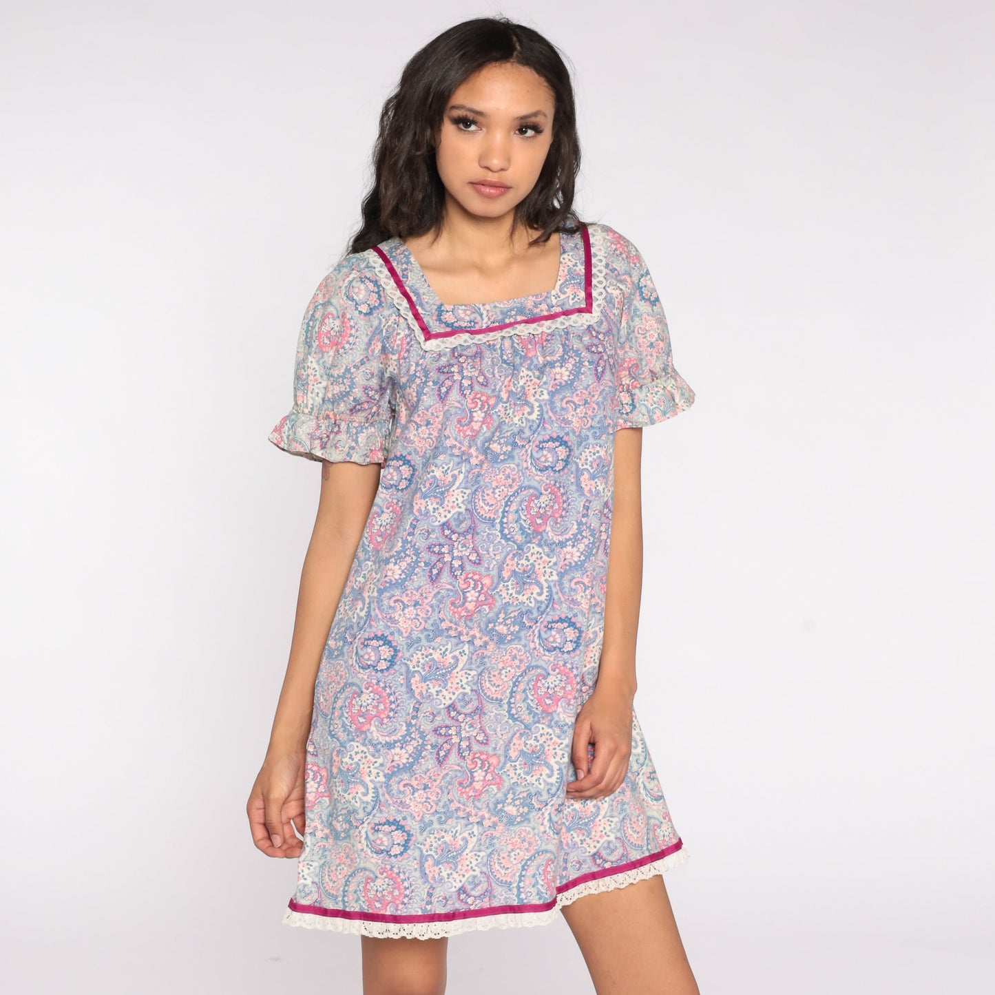80s Paisley Mini Dress Puff Sleeve Shift Cut Lace Trim Small