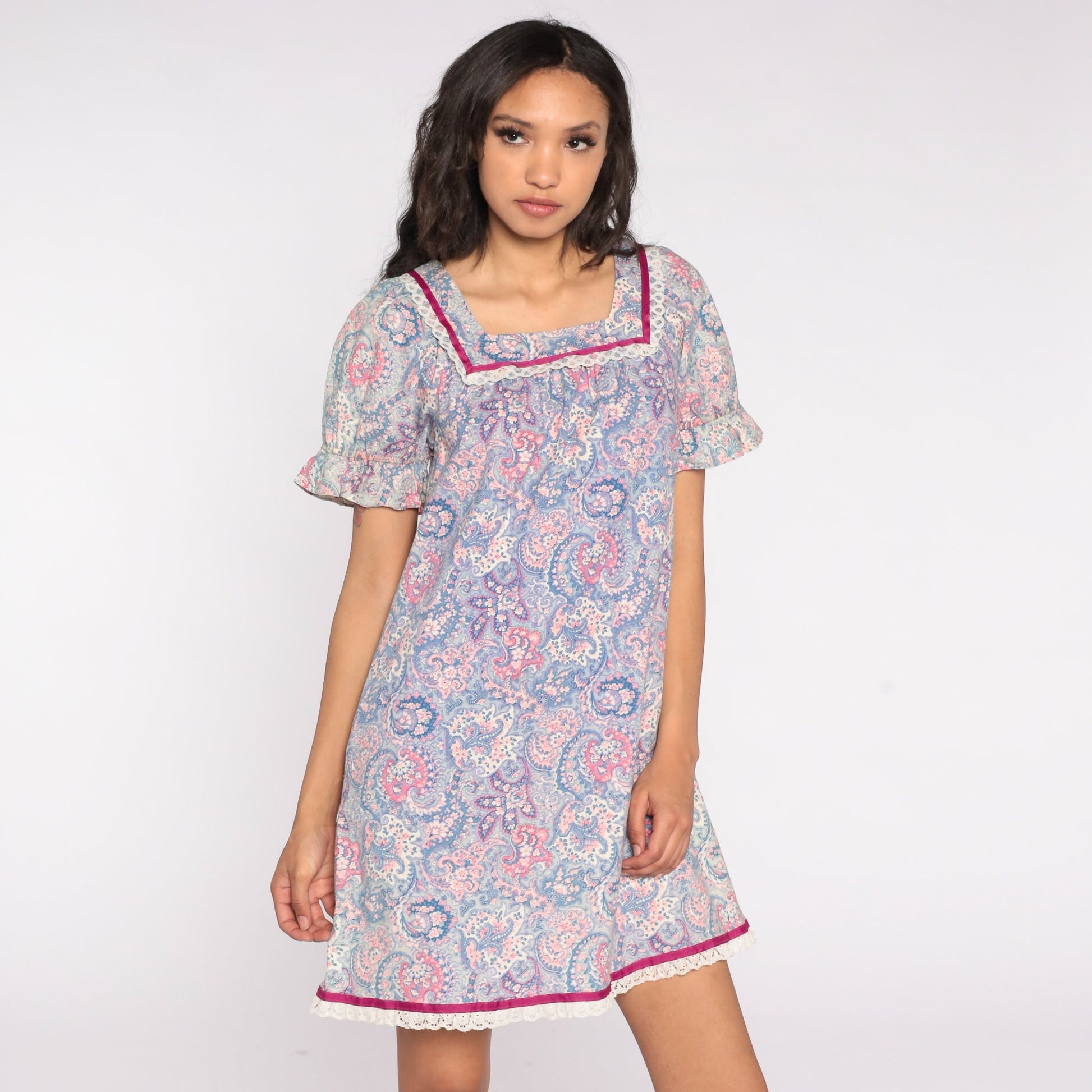 80s Paisley Mini Dress Puff Sleeve Shift Cut Lace Trim Small