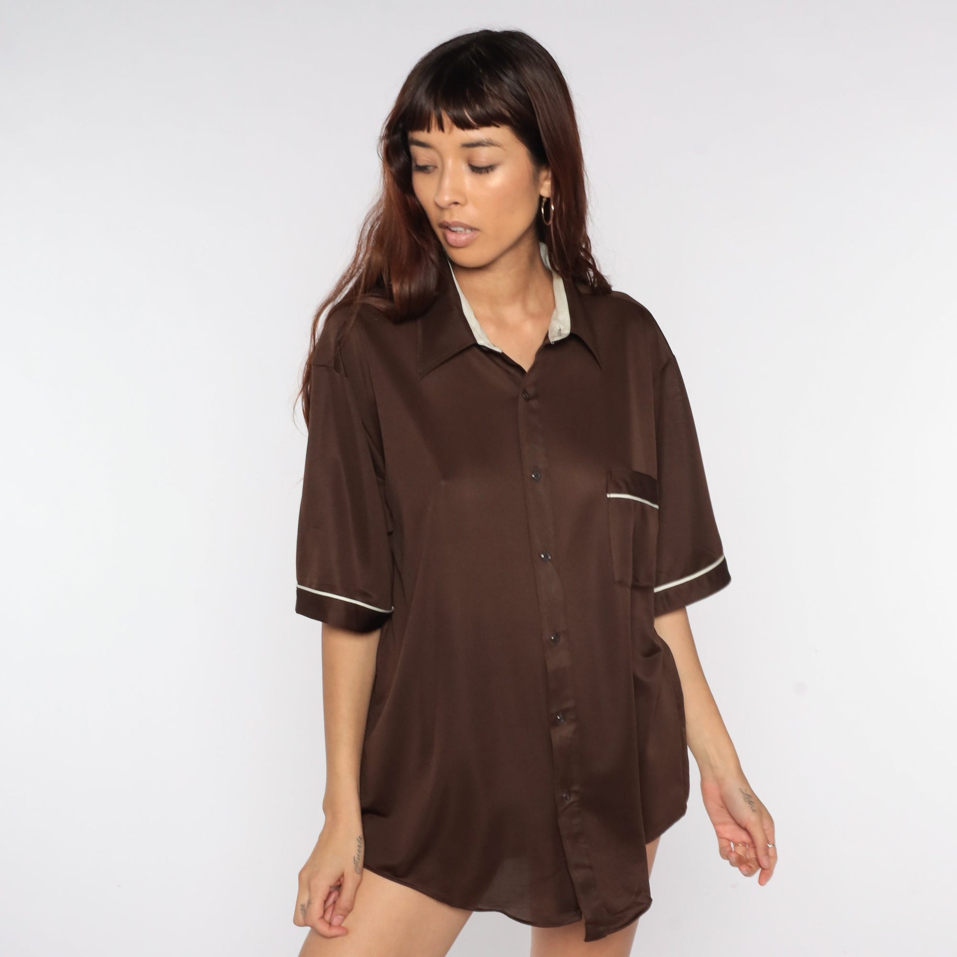 70s Brown Button-Up Shirt White Trim Short Sleeve Collared Men's Extra Large