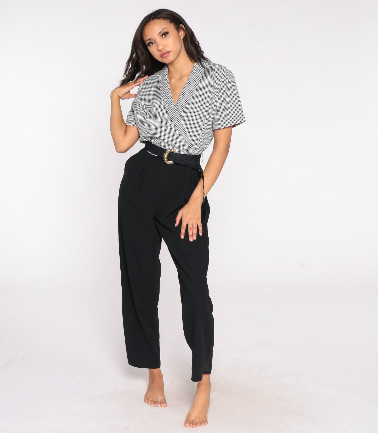 80s Black Checkered Jumpsuit High Waisted Collared V Neck Belted Pantsuit Large