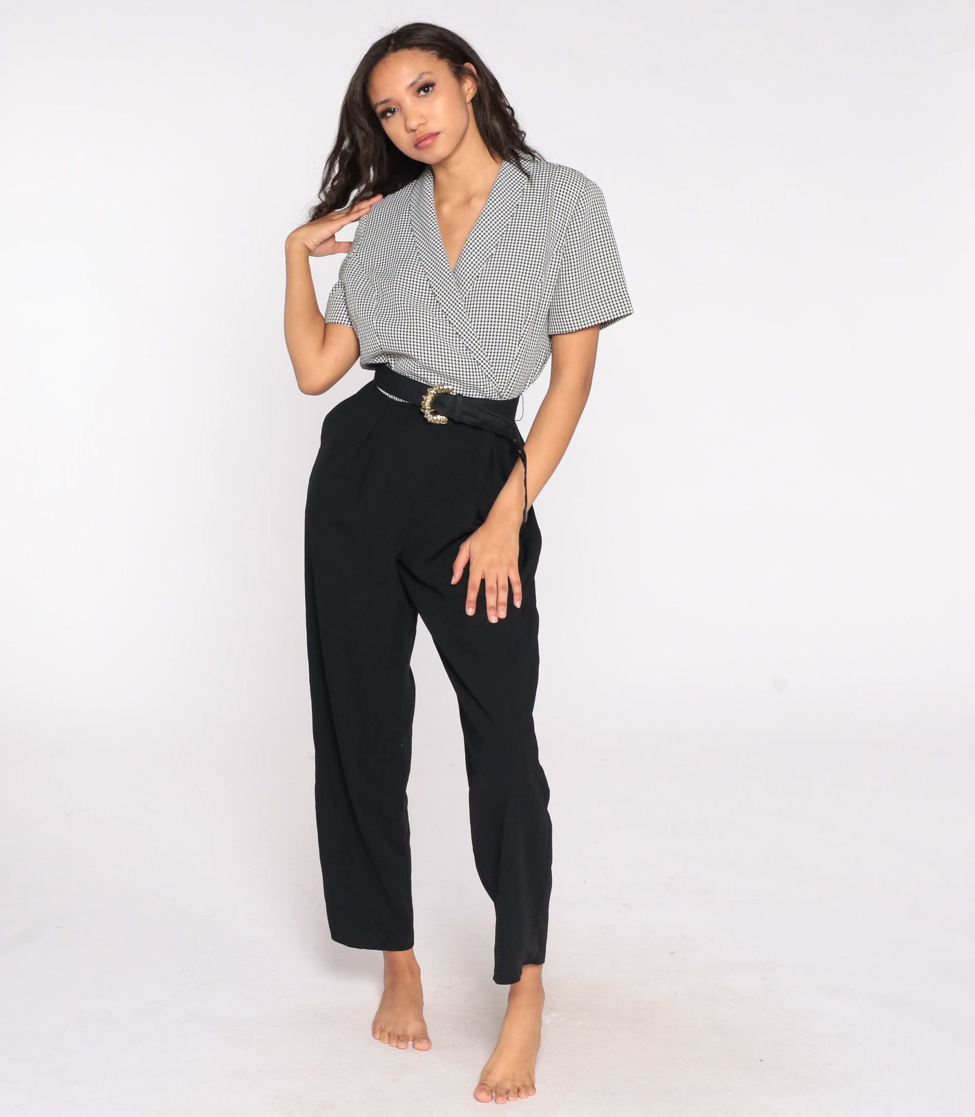 80s Black Checkered Jumpsuit High Waisted Collared V Neck Belted Pantsuit Large