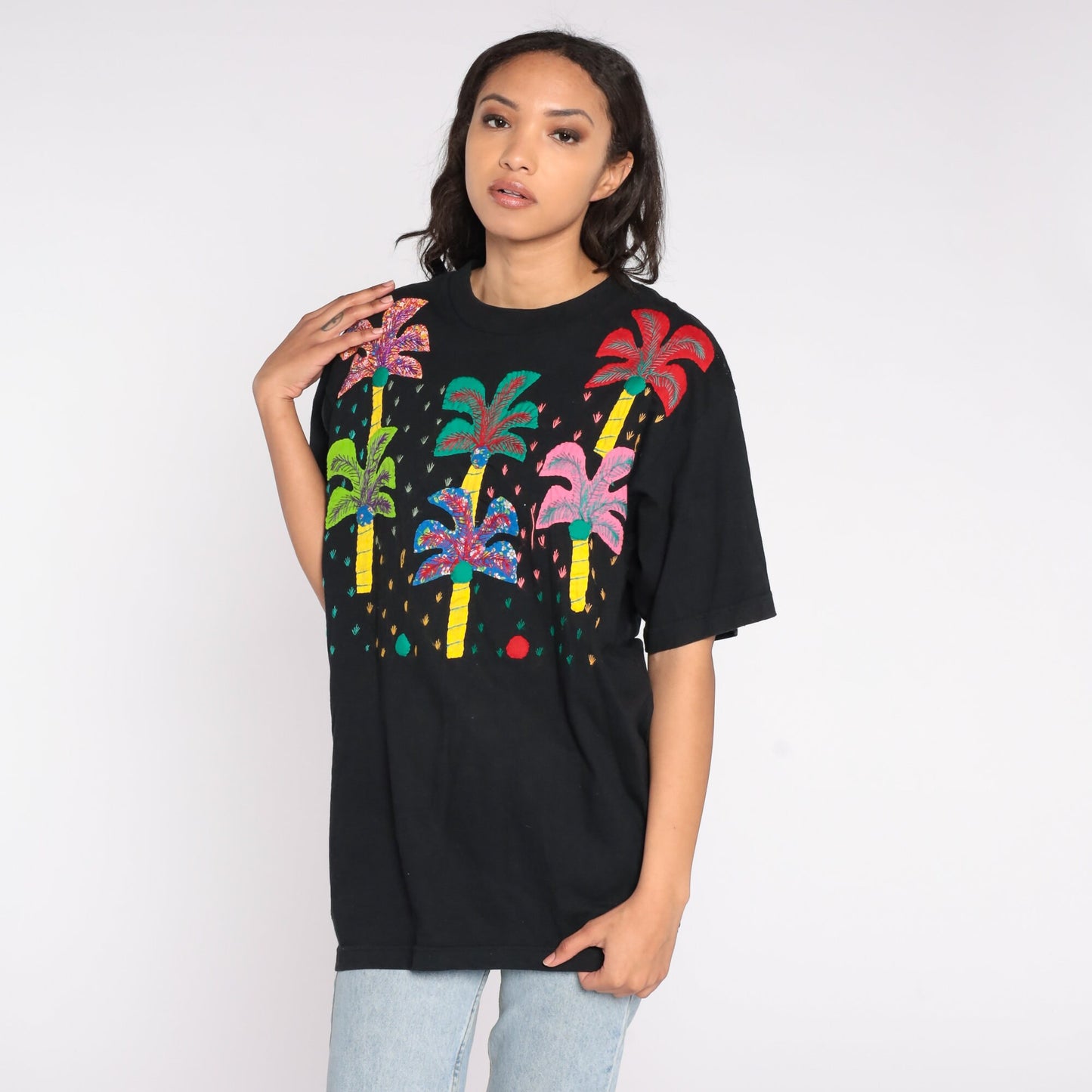 90s Palm Tree Embroidered T-Shirt Black Graphic Tee Extra Large XL