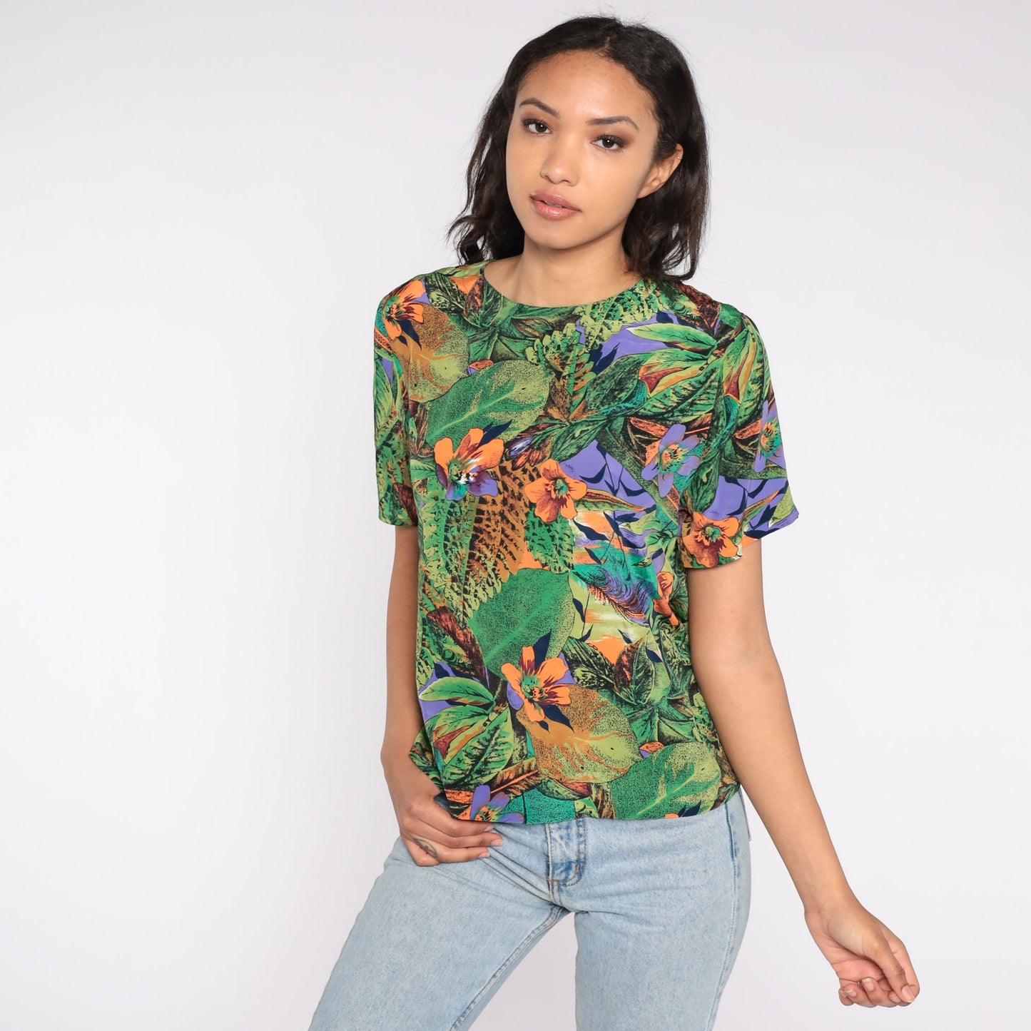 90s Tropical Floral Jungle Print Short Sleeve Shirt Green Small